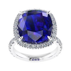 Bague en or 18 carats avec halo de diamants taille coussin et tanzanite de 9,23 carats certifiée GIA