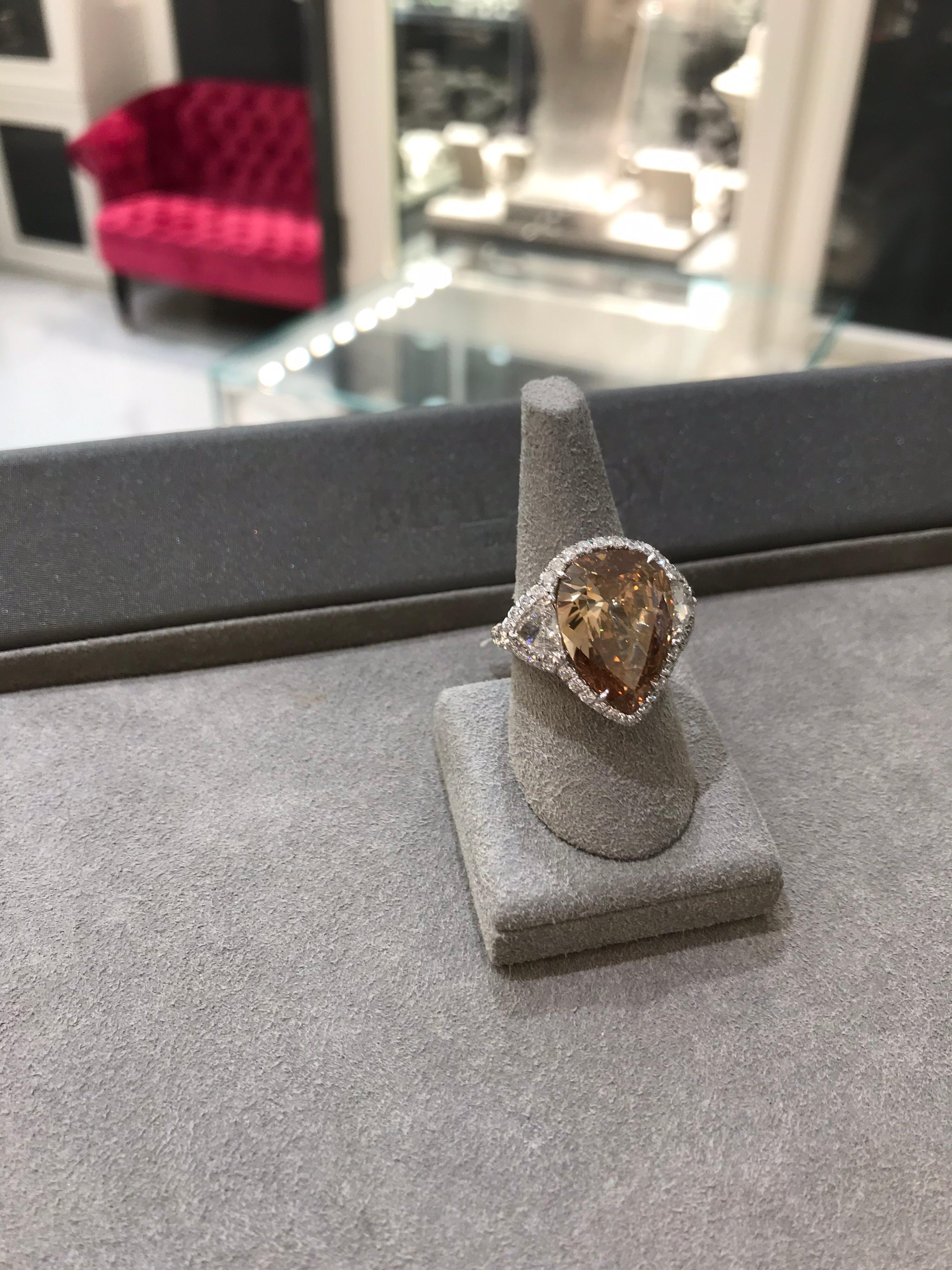 GIA Certified 9.63 Carat Pear Cut Natural Brown Orange Diamond Engagement Ring For Sale 1