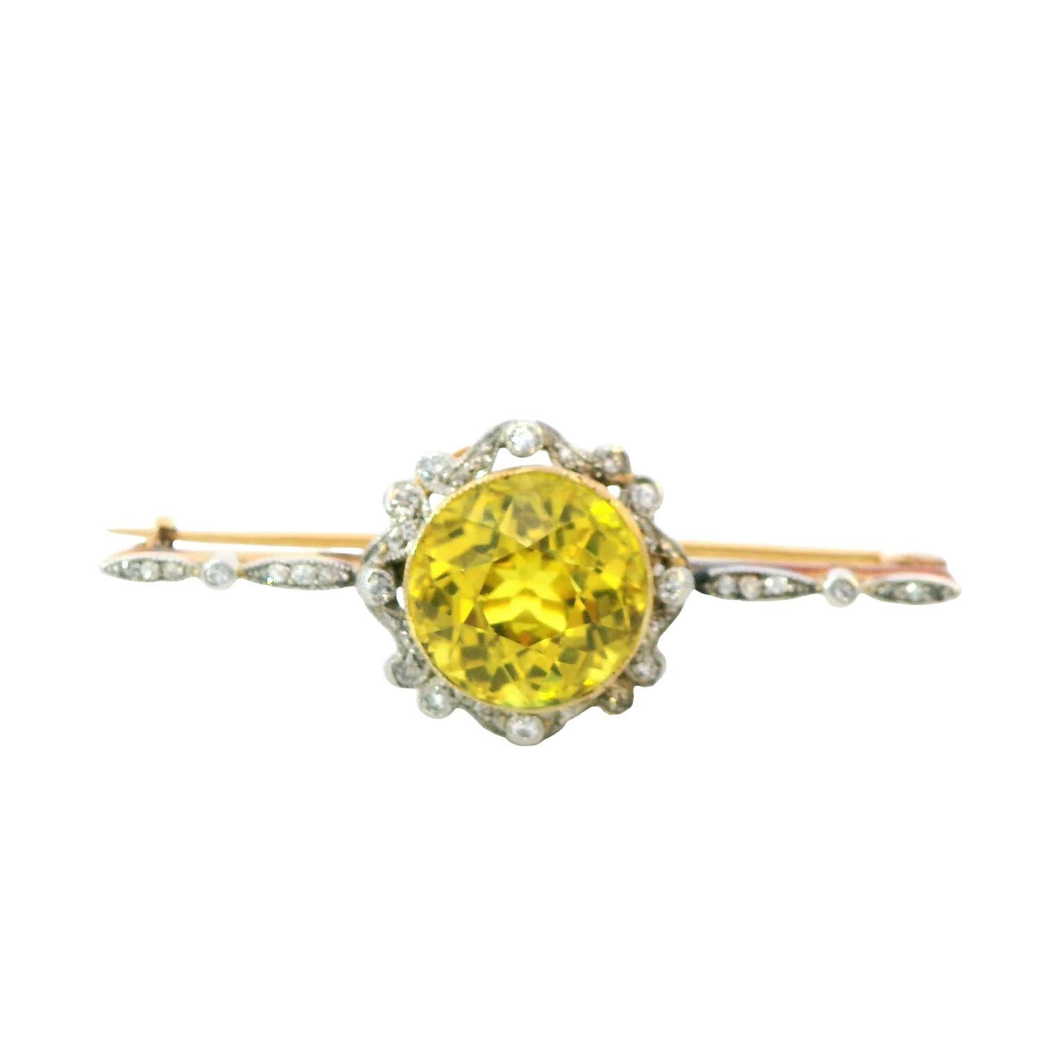 GIA Certified 9.65 Carat Yellow Sapphire and Diamond Art Deco 18K Gold Brooch For Sale