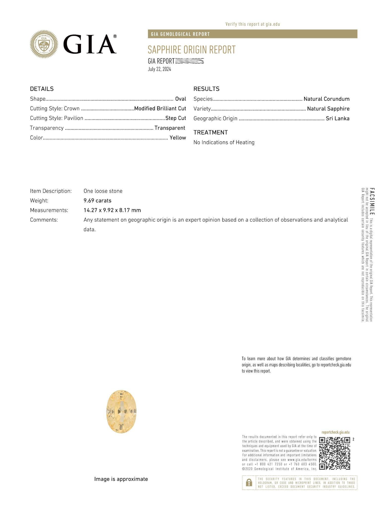 Zaffiro giallo di Ceylon non riscaldato certificato GIA da 9,69 carati naturali In condizioni ottime in vendita a Aliso Viejo, CA