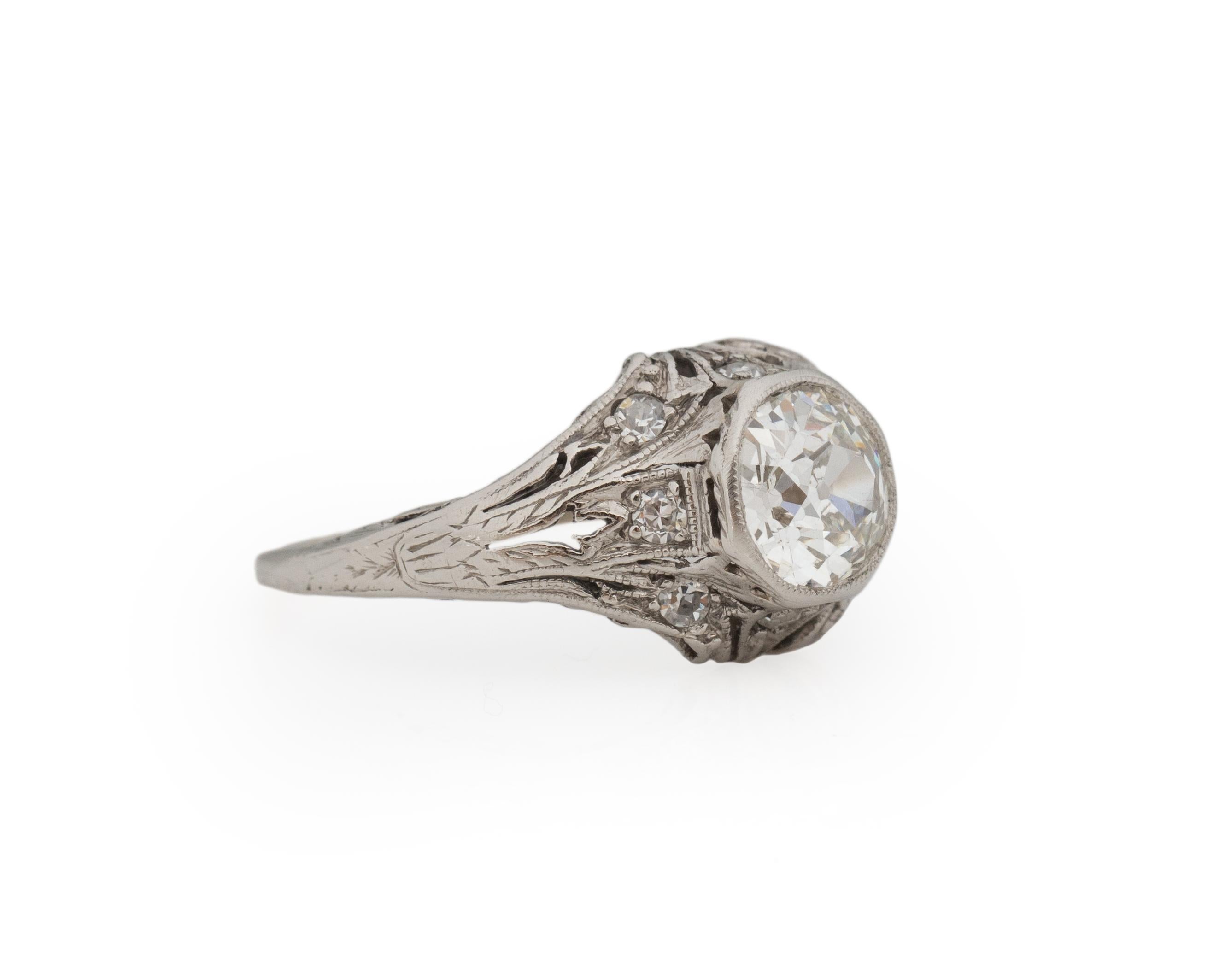 Ring Size: 5.25
Metal Type: Platinum [Hallmarked, and Tested]
Weight: 3.1 grams

Center Diamond Details:
GIA REPORT #:2223129197
Weight: .97ct
Cut: Old Mine brilliant (Antique Cushion)
Color: I
Clarity: SI1
Measurements:6.70 mm x 6.23mm x