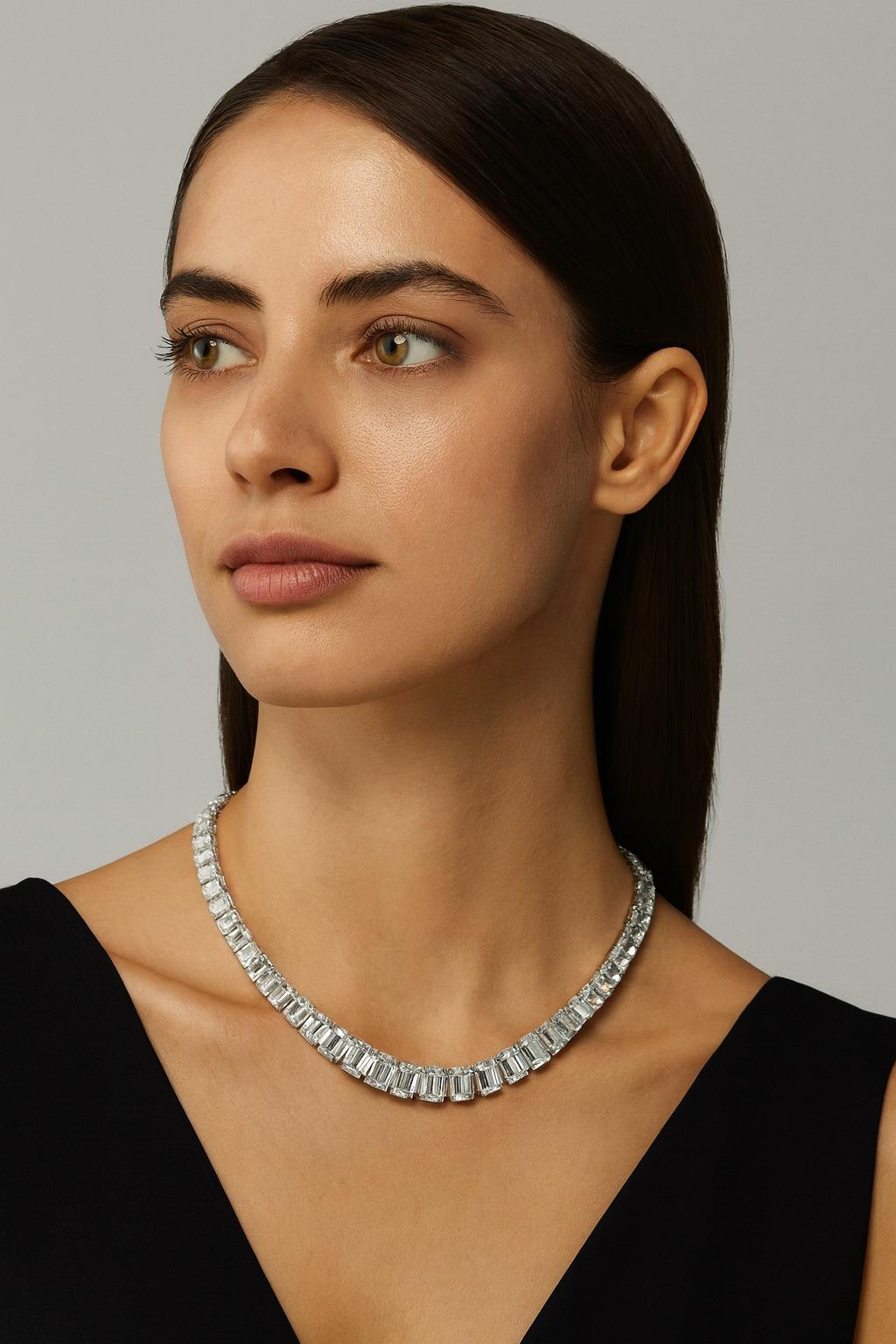 Contemporary GIA Certified 97 Carat Emerald Cut Diamond Tennis Necklace For Sale