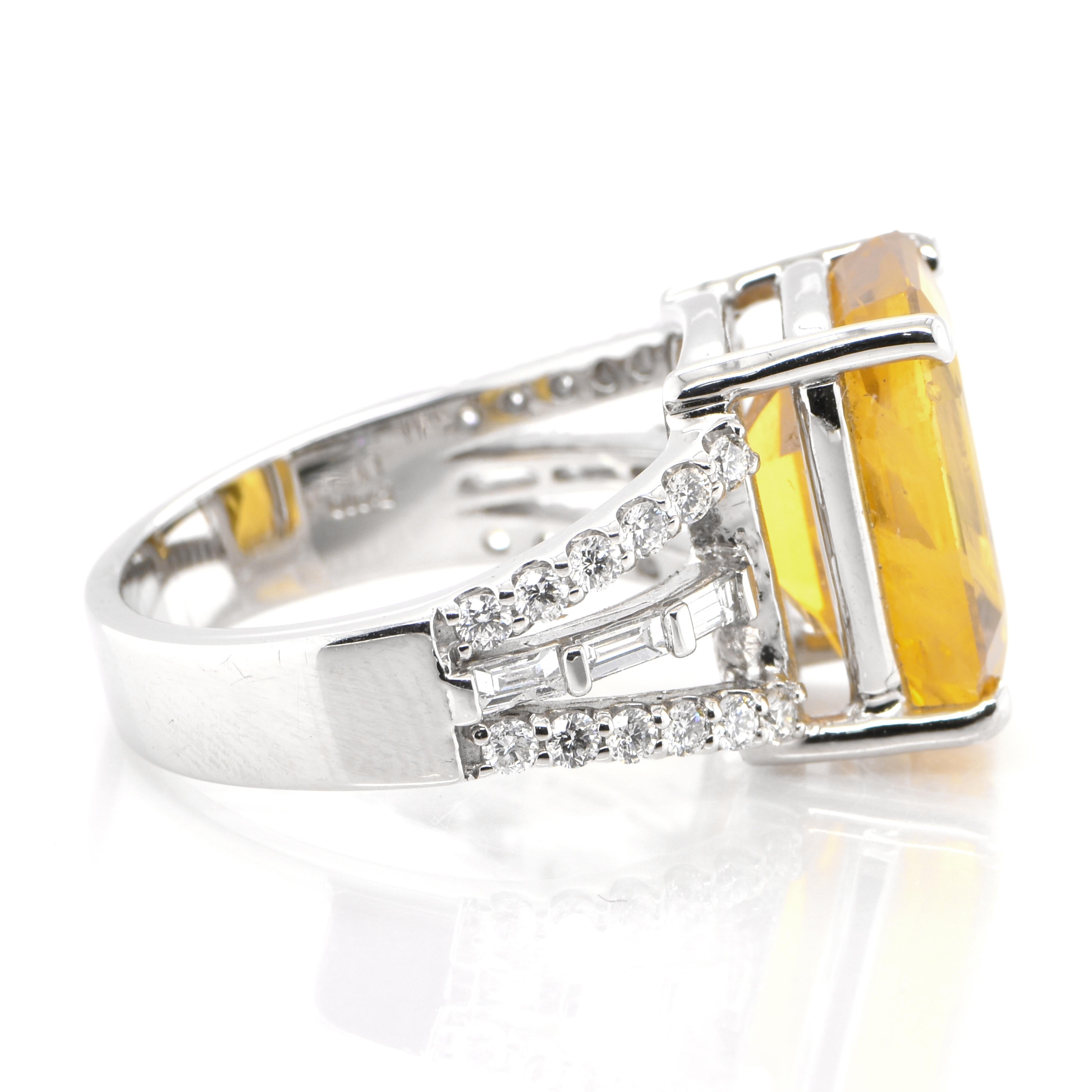 Modern GIA Certified 9.78 Carat Natural Yellow Sapphire & Diamond Ring Set in Platinum For Sale