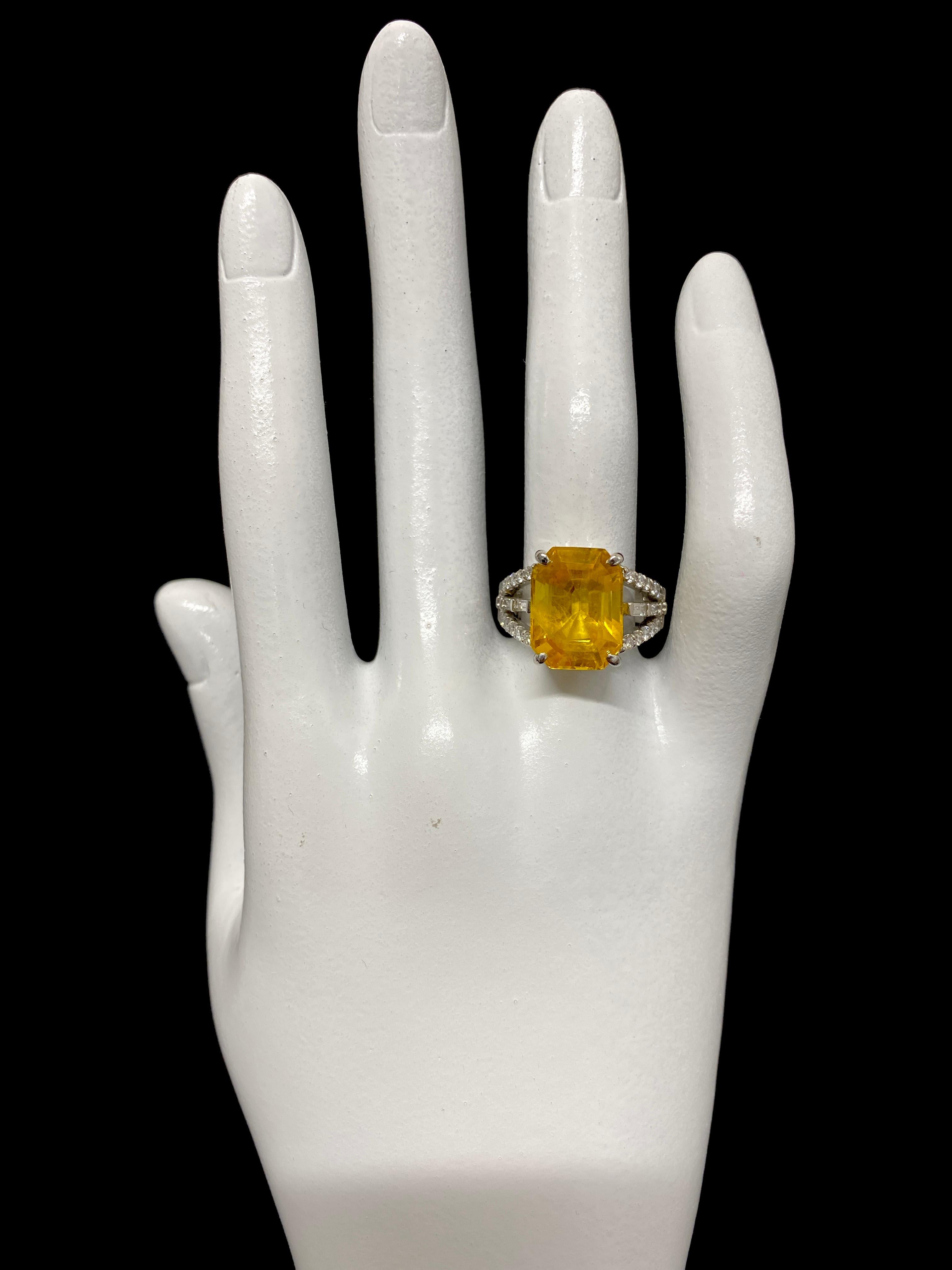 Octagon Cut GIA Certified 9.78 Carat Natural Yellow Sapphire & Diamond Ring Set in Platinum For Sale