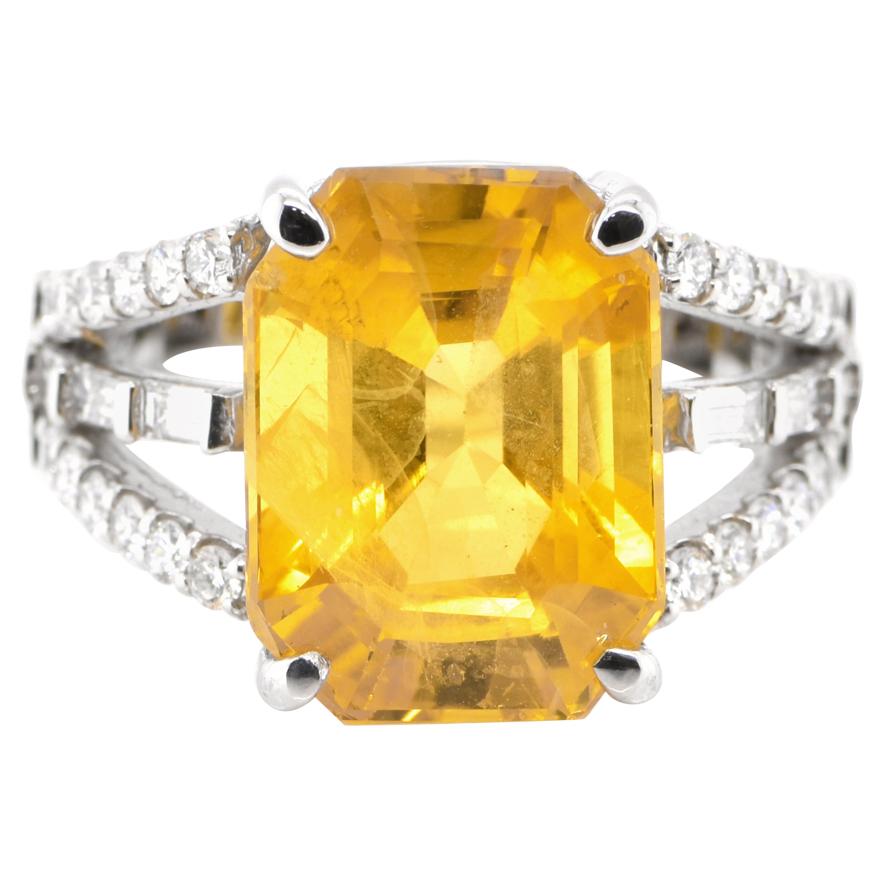 GIA Certified 9.78 Carat Natural Yellow Sapphire 
Diamond Ring Set in Platinum