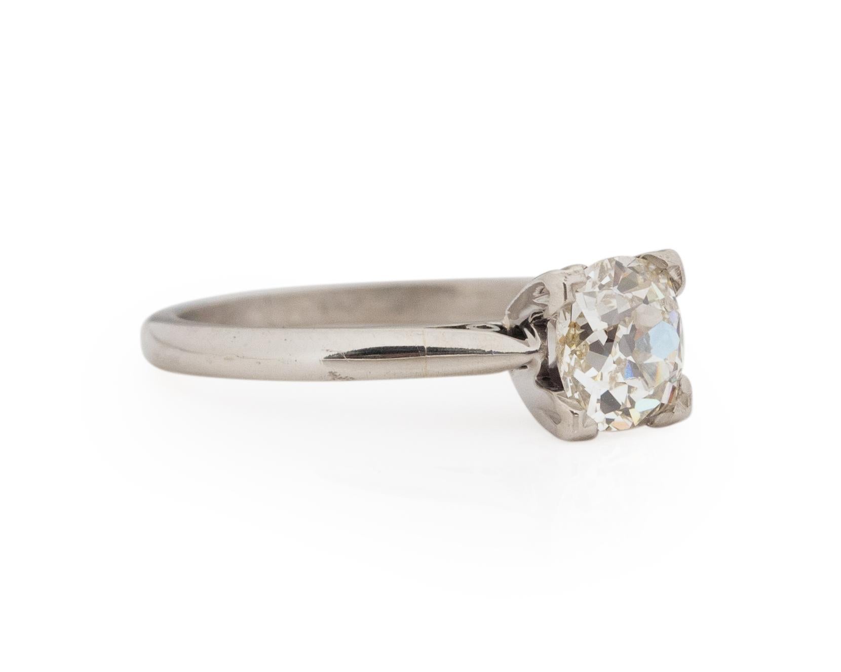 Ring Size: 5.25
Metal Type: Platinum [Hallmarked, and Tested]
Weight: 2.5 grams

Center Diamond Details:
GIA REPORT #: 6217872784
Weight: .98carat
Cut: Antique Cushion
Color: K
Clarity: SI2
Measurements: 6.21mm x 5.76mm x 3.65mm

Finger to Top of