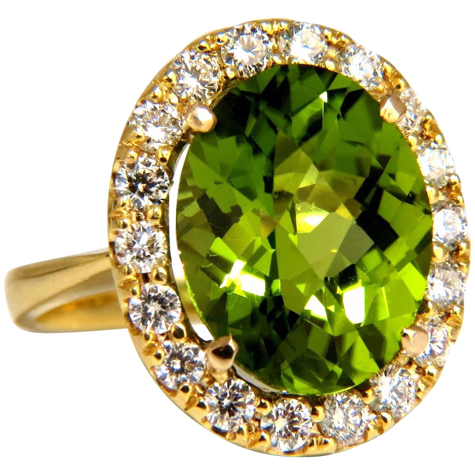 GIA Certified 9.80 Carat Natural Vivid Green Peridot Diamond Ring Halo Rose Cut