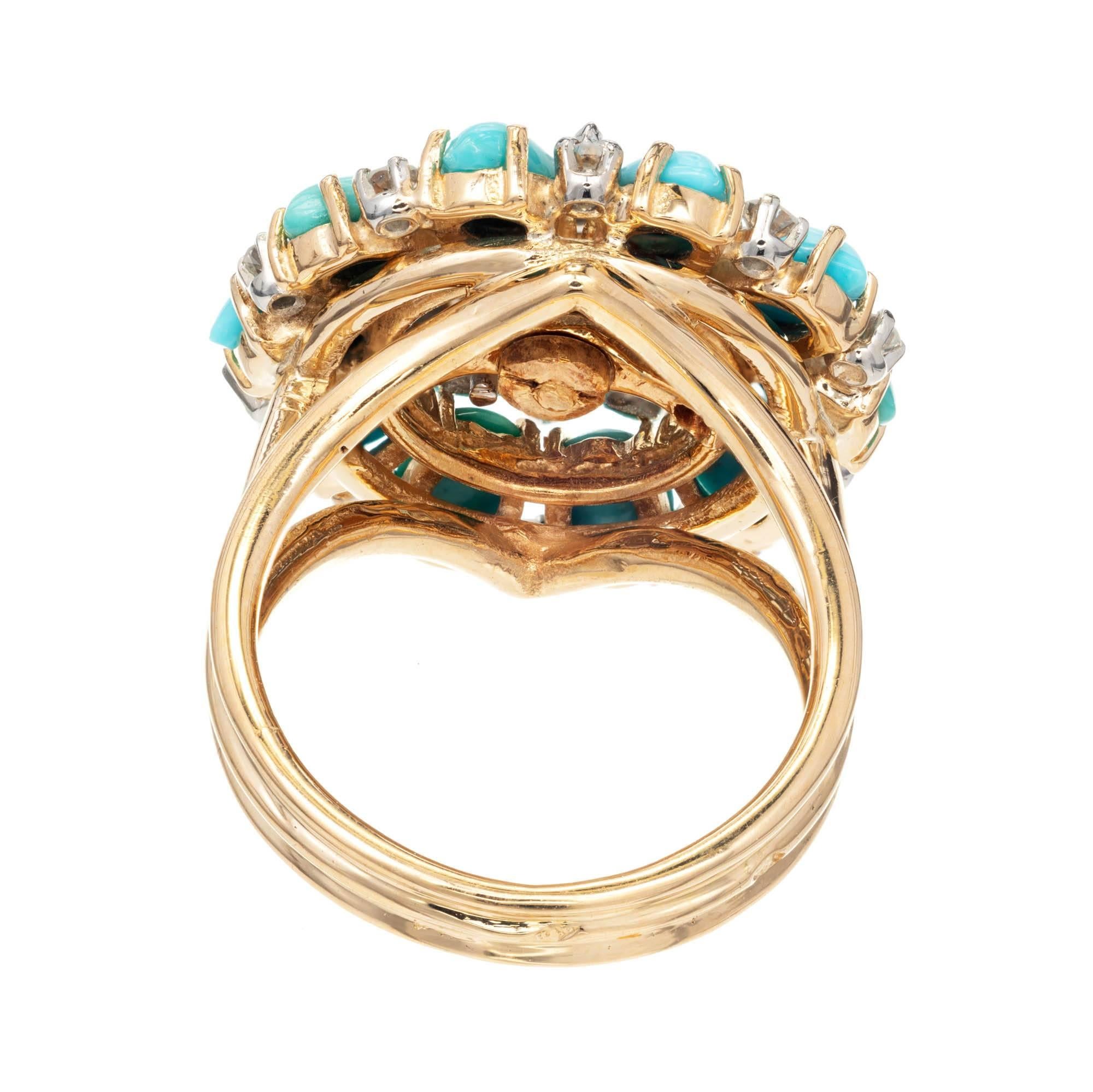 Round Cut GIA Certified 9.81 Carat Persian Turquoise Diamond Gold Cocktail Cluster Ring
