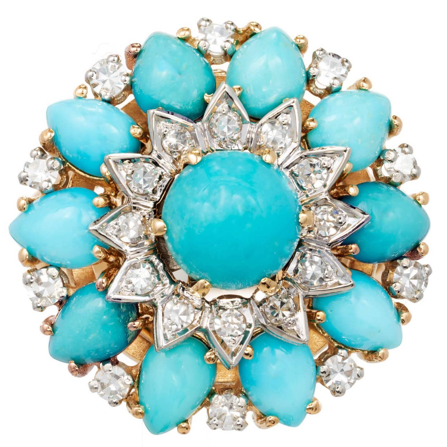 GIA Certified 9.81 Carat Persian Turquoise Diamond Gold Cocktail Cluster Ring