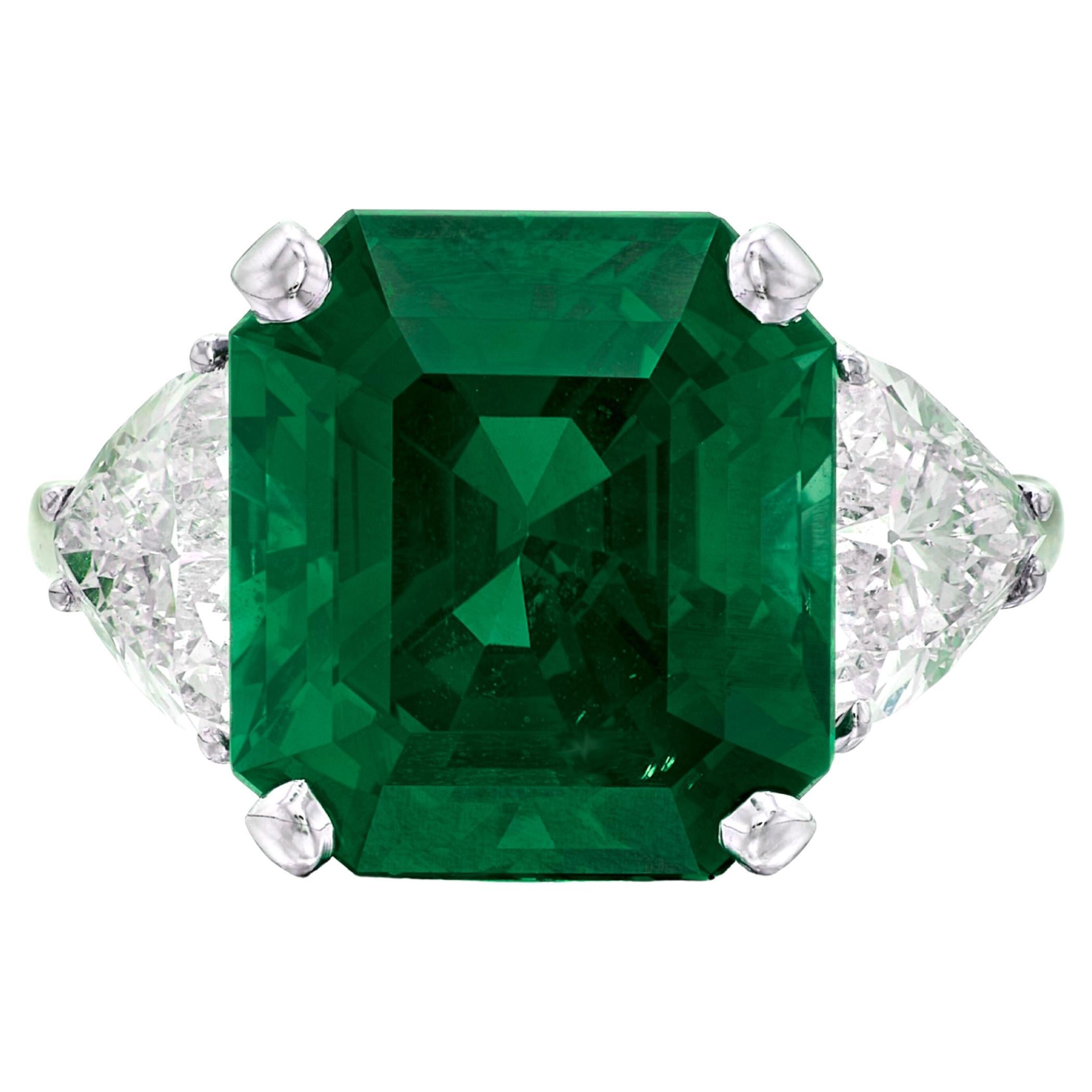 GIA Certified 9.9 Carat Colombian Emerald Diamond Three-Stone Ring