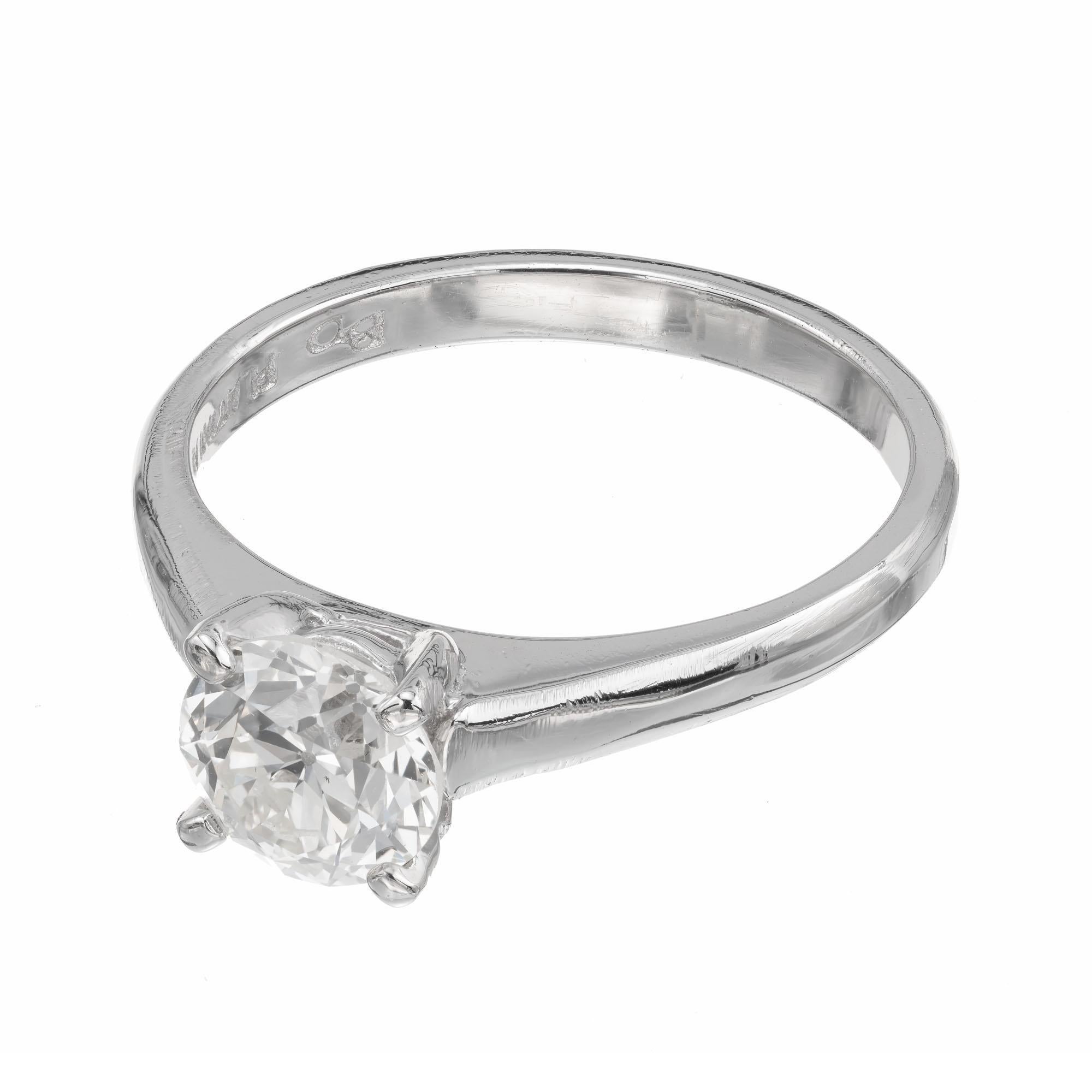 Old European cut diamond engagement ring. circa 1920's. GIA certified 0.99ct center stone. In a platinum solitaire setting designed to fit flush with most wedding bands.

1 Old European cut K VS2 diamond, Approximate .99ct GIA Certificate #