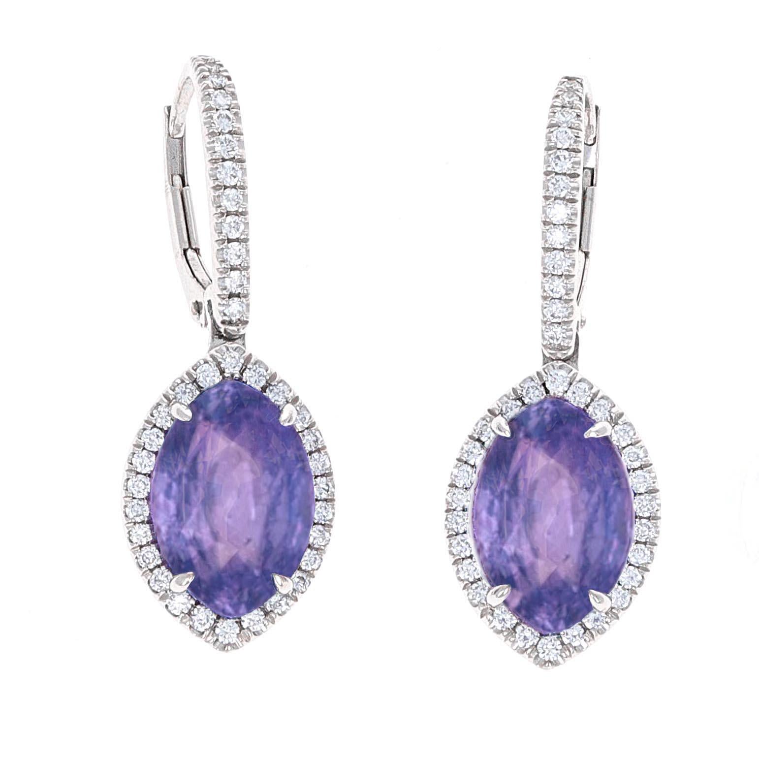GIA Certified no heat color change marquise sapphire with diamond pave drop earrings. The sapphires weigh 5.03 carats and 4.93 carats, a total of 9.96 carats,  and are GIA certified. The stones measure 12.03 x 8.16 x 6.52mm and 12.03 x 8.12 x