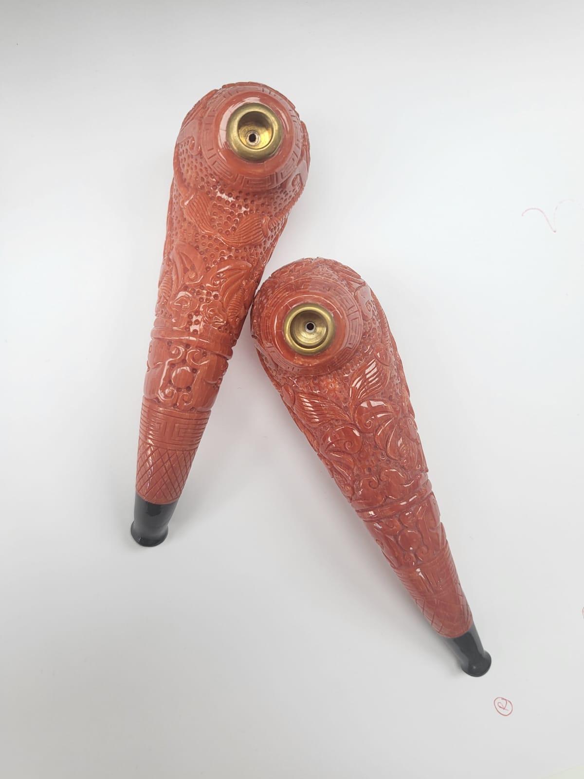 GIA Certified, a pair of natural, carved Coral Pipes In New Condition For Sale In Hong Kong, HK