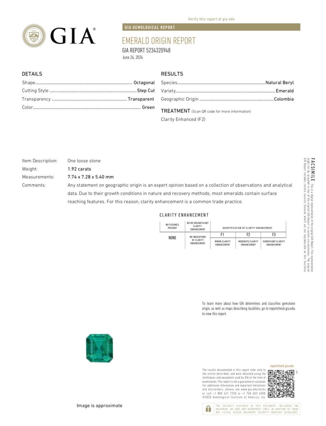 Stone: Emerald
Weight: 1.92-carats
Shape: Asscher Cut
Clarity: Transparent
Luster: Excellent
Color: Vivid Muzo Green
Measurements: 7.74mm x 7.28mm x 5.40mm
Geographic Origin: Colombia
Treatment: Natural, Oiling

Comments: Due to their growth