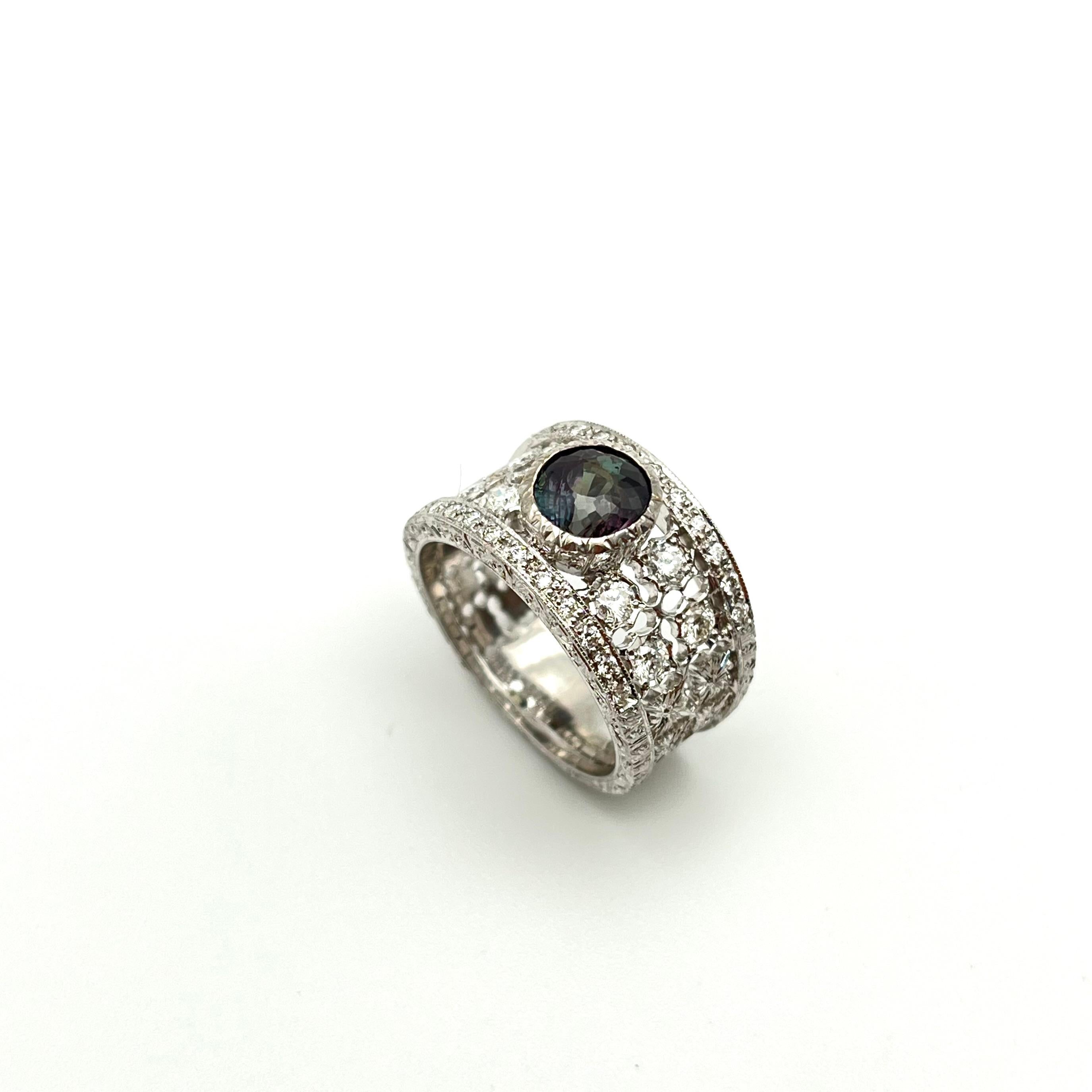 GIA Certified Alexandrite Florentine Engraved Diamond Ring For Sale 5