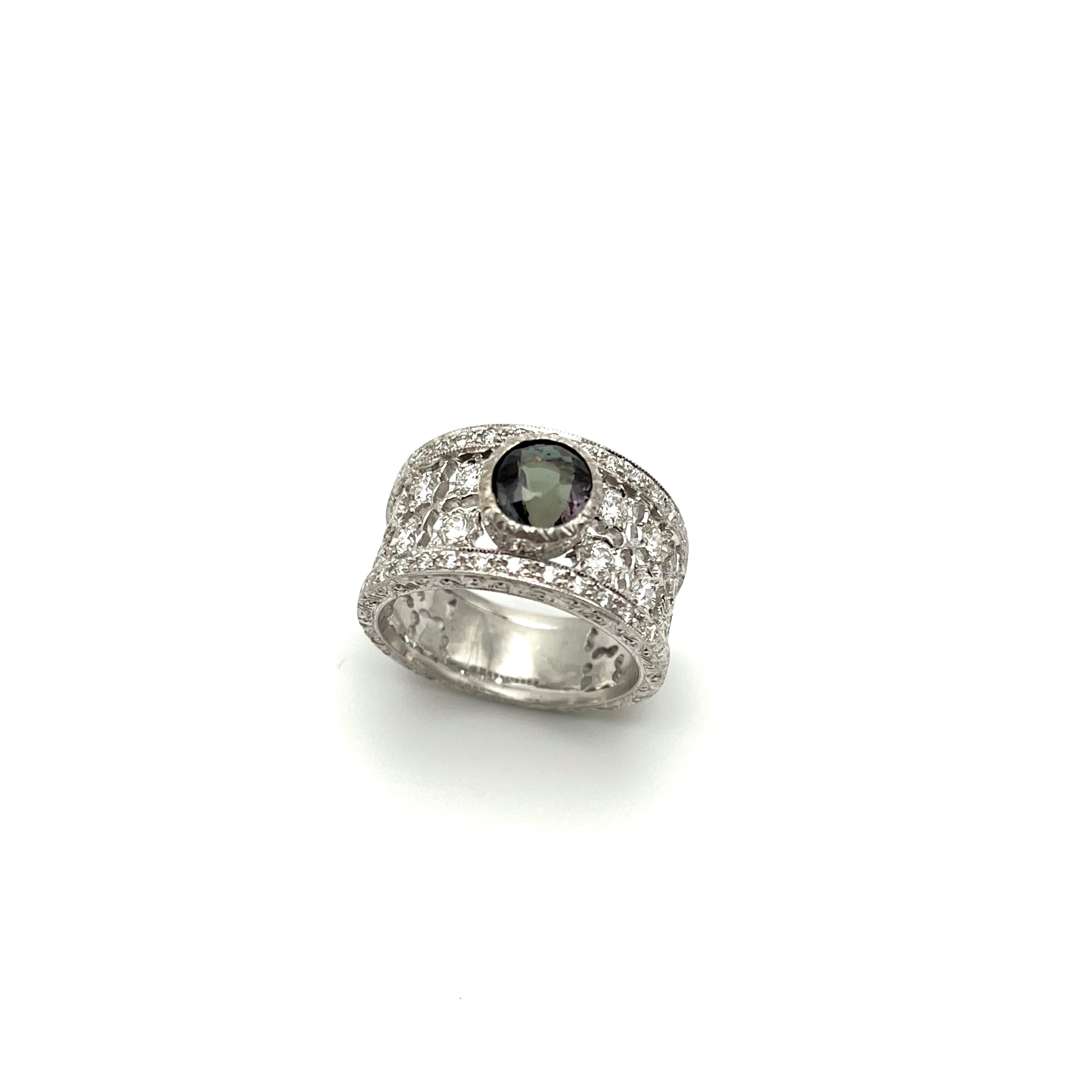 GIA Certified Alexandrite Florentine Engraved Diamond Ring For Sale 6