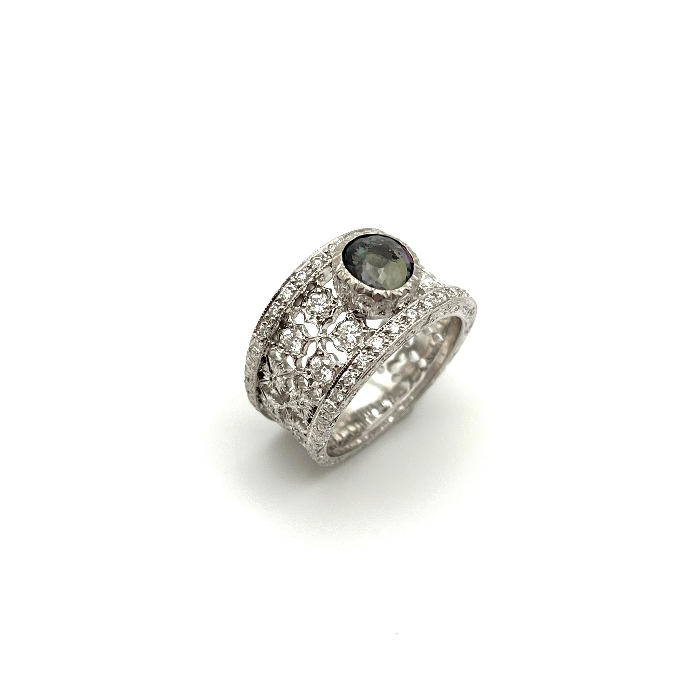 GIA Certified Alexandrite Florentine Engraved Diamond Ring For Sale 7