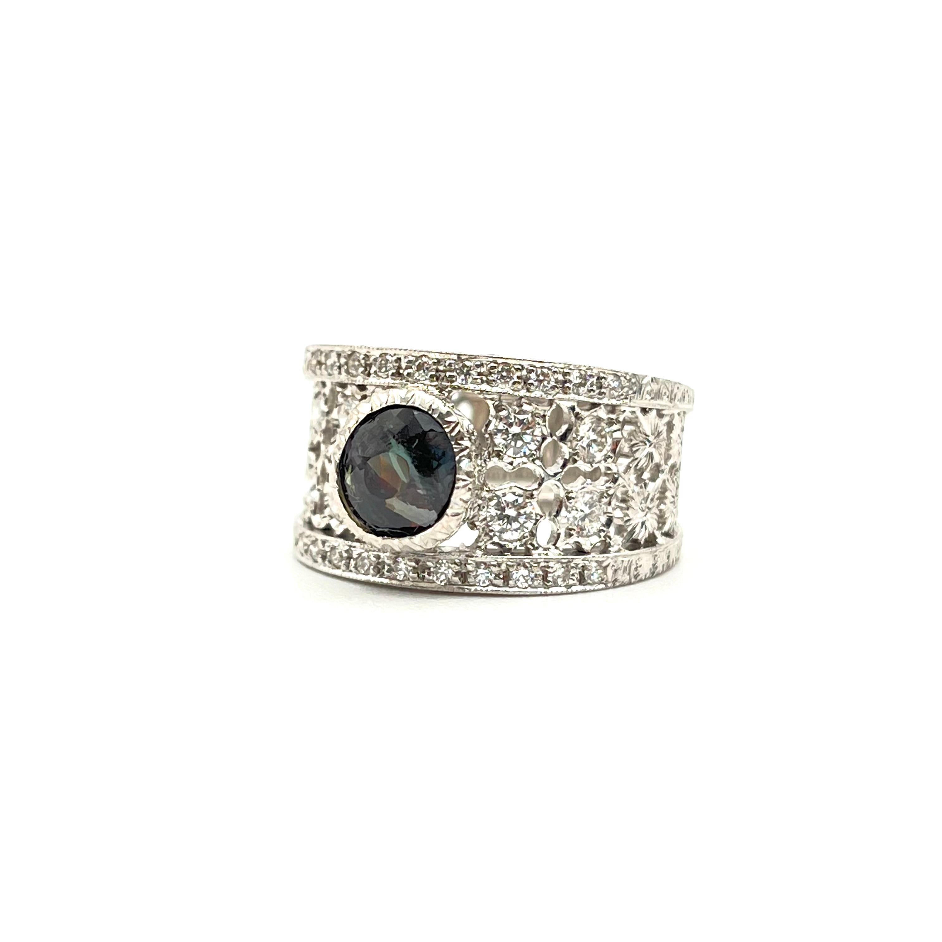 GIA Certified Alexandrite Florentine Engraved Diamond Ring For Sale 2