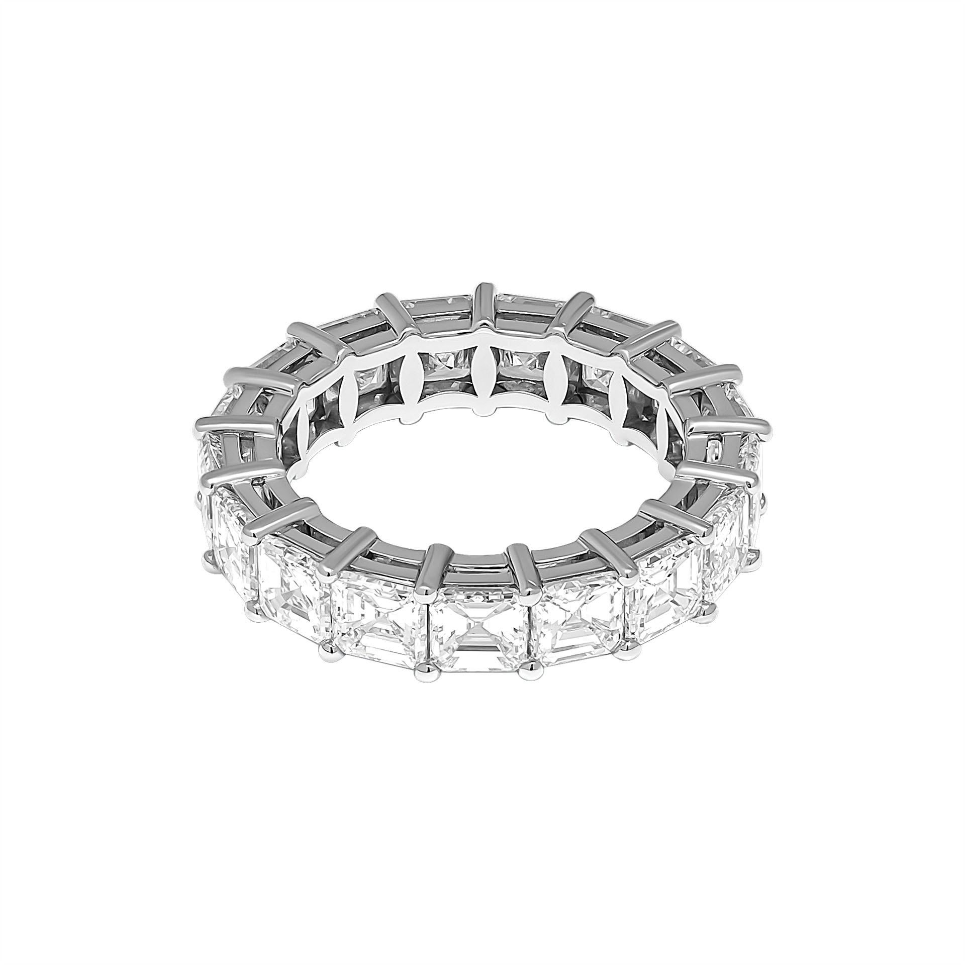 GIA Certified Anniversary eternity band with Square Emerald (Asscher) Diamonds set in Platinum 950; 
Size: 5 
17 stones 0.30-0.31ct each
Total Carat Weight: 5.15ct
Each stone is GIA certified:
0.31ct G VS2 GIA#2407659313 
0.30ct F VVS2