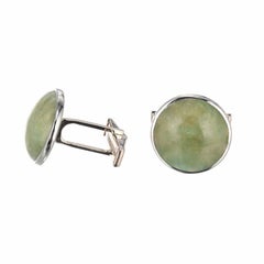 GIA Certified Antique 14k White Gold Jadeite Jade Cufflinks, 1950s