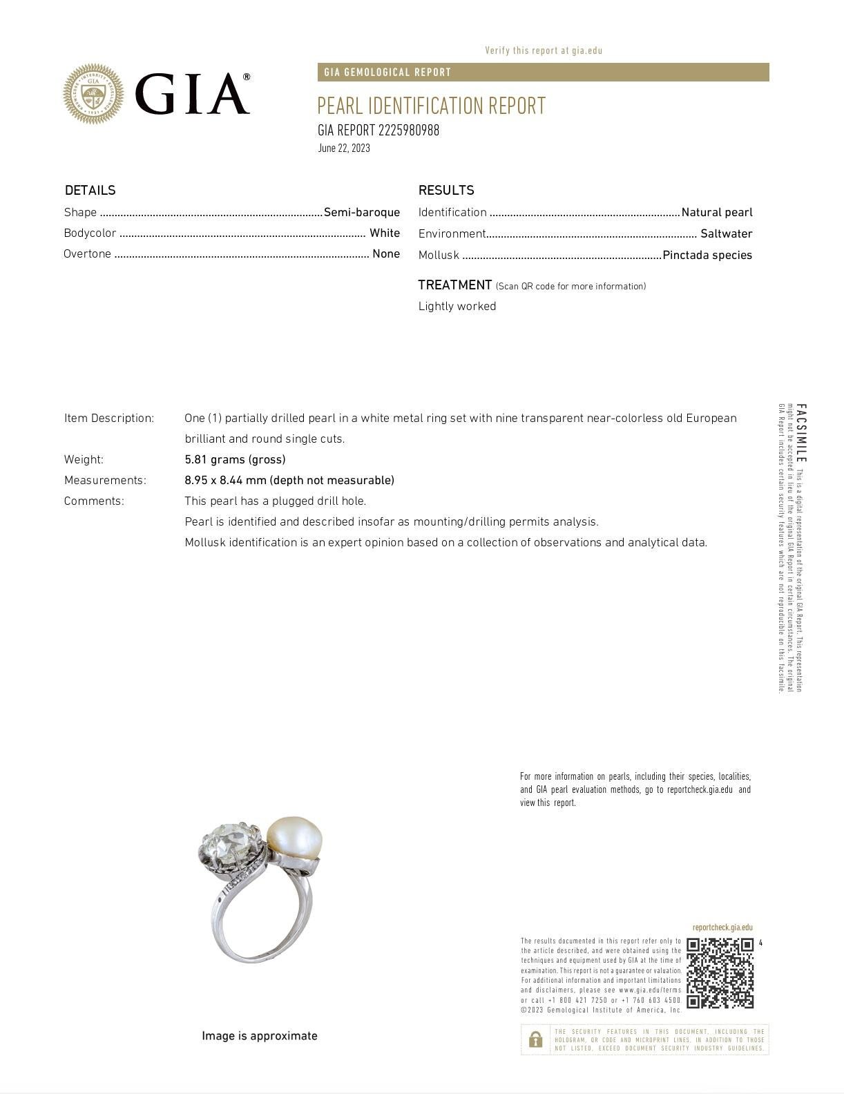 Women's GIA Certified Antique 3.21 Carat Diamond and Natural Pearl Toi et Moi Ring For Sale