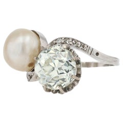 GIA-zertifizierter antiker 3,21 Karat Diamant und natürliche Perle Toi et Moi Ring