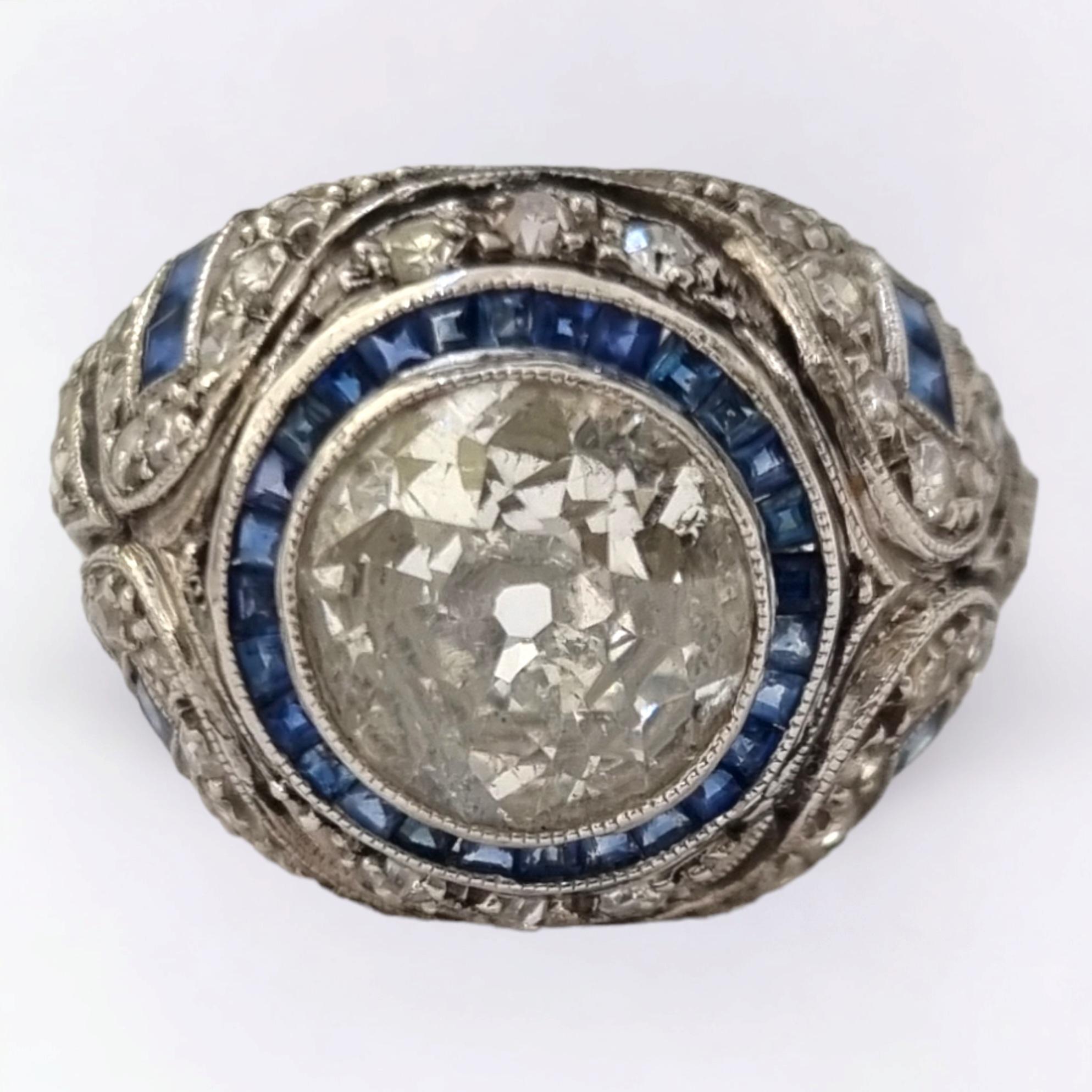 Old European Cut GIA certified Antique Art- Deco 2.10 carat Diamond, Sapphire Platinum Ring For Sale