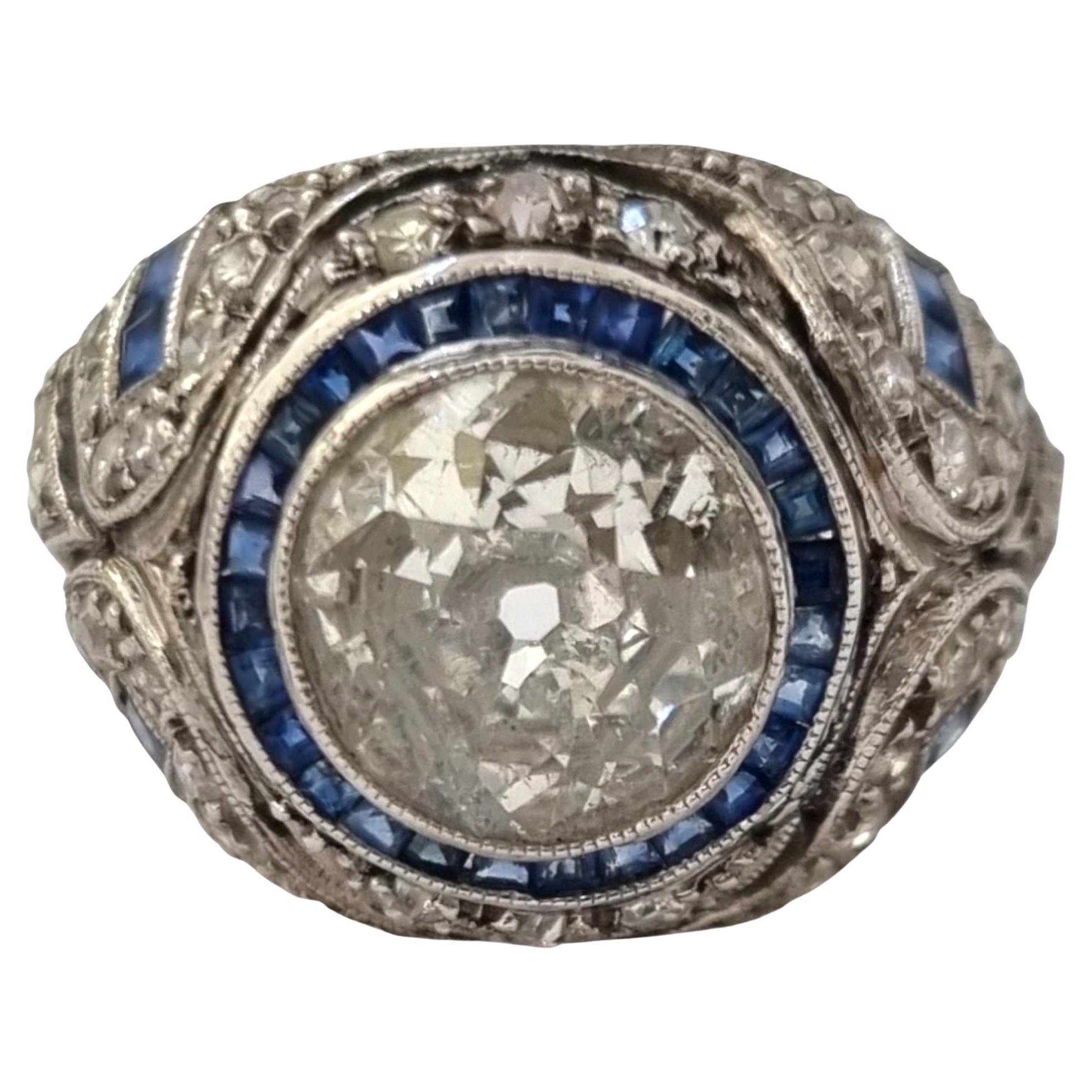 GIA certified Antique Art- Deco 2.10 carat Diamond, Sapphire Platinum Ring For Sale