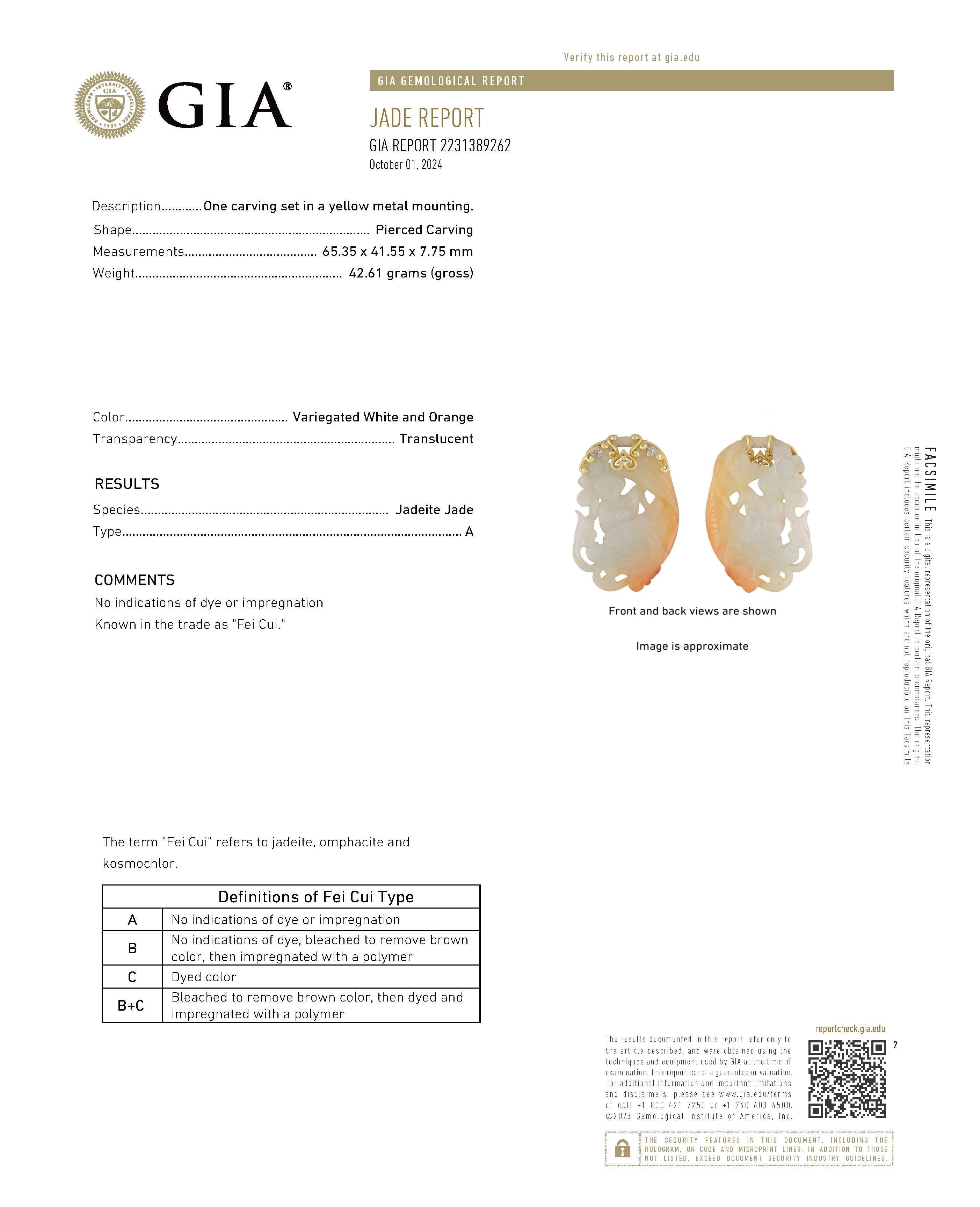 GIA Certified, Antique Chinese Jade Gold Pendant Goddess Guanyin With Diamond For Sale 5