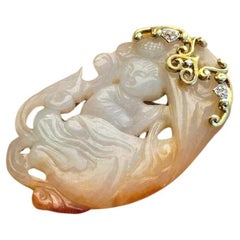 GIA Certified, Antique Chinese Jade Gold Pendant Goddess Guanyin With Diamond