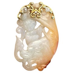 GIA Certified, Antique Chinese Jade Gold Pendant Goddess Guanyin With Diamond