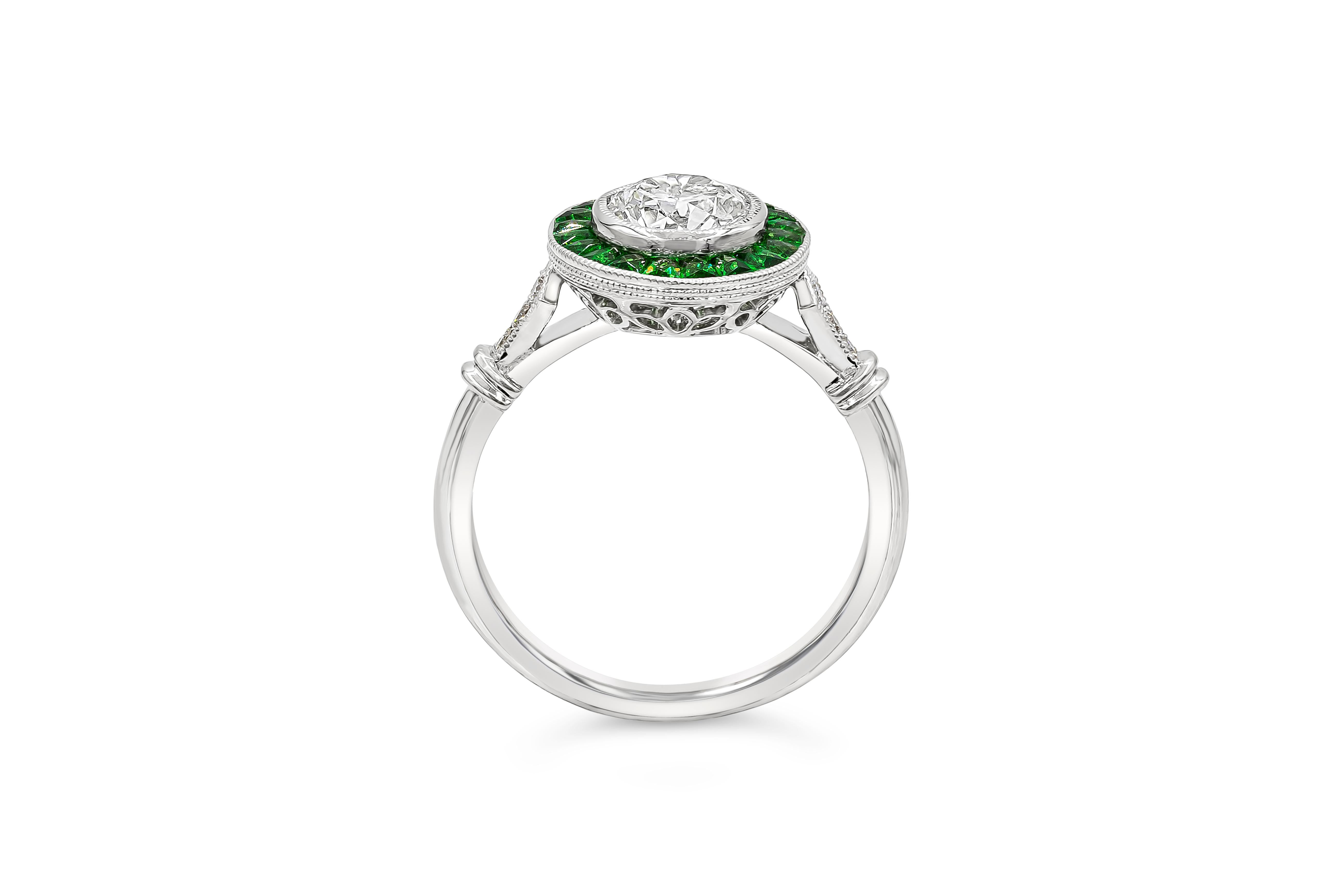 Contemporary 1.01 Carats Total Round Diamond with Tsavorite Art Deco Style Engagement Ring For Sale