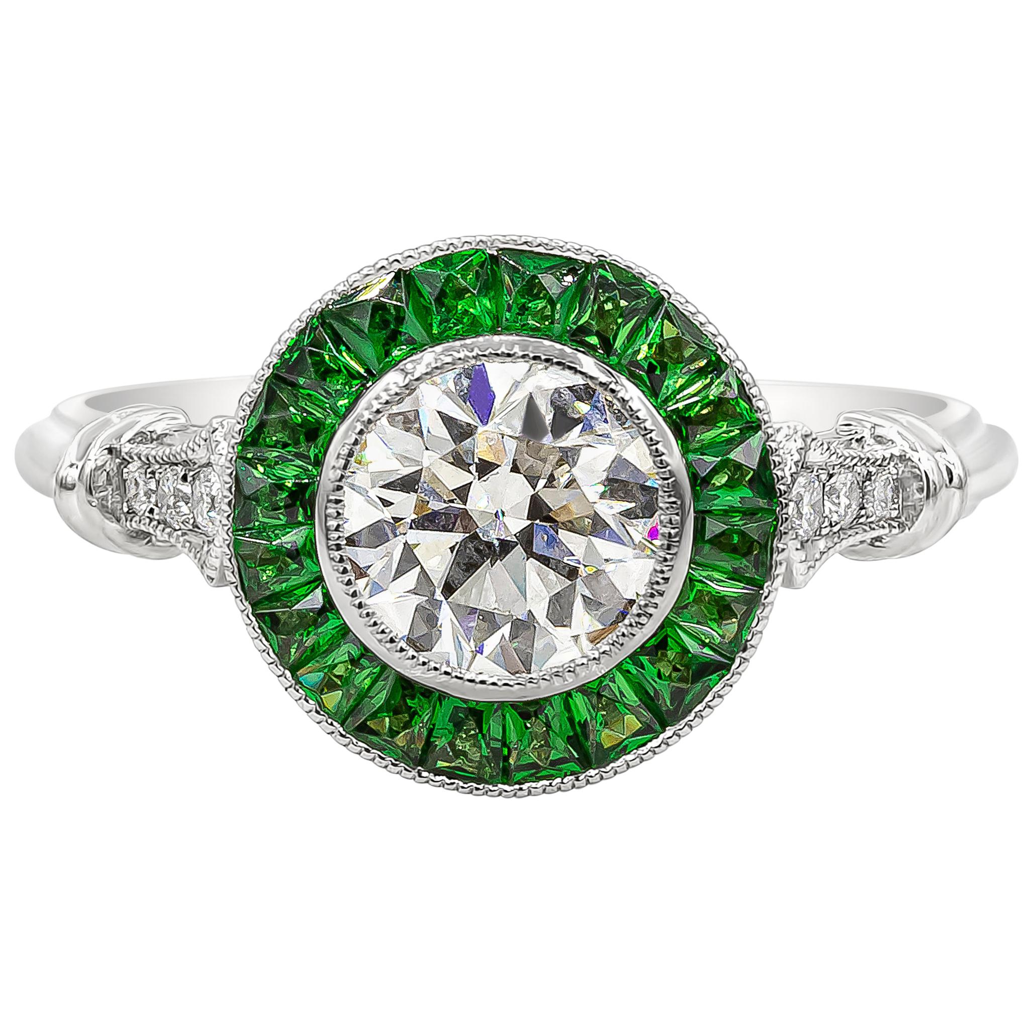 1.01 Carats Total Round Diamond with Tsavorite Art Deco Style Engagement Ring For Sale