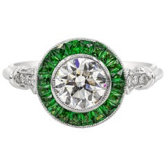 1.01 Carats Total Round Diamond with Tsavorite Art Deco Style Engagement Ring