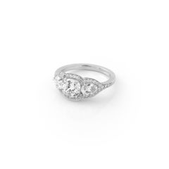 GIA Certified Antique-Cut Diamond Cushion & Pear Shape Three Stone Ring