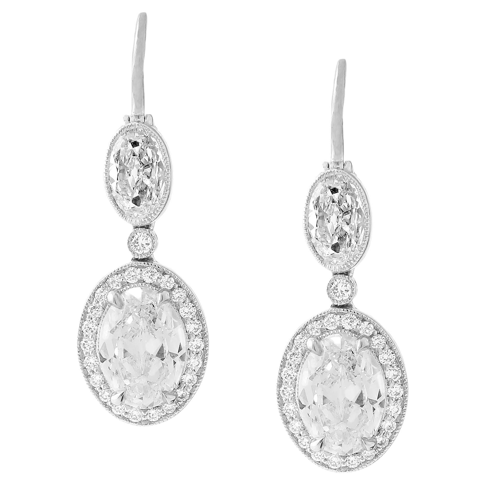 GIA Certified Antique-Cut Diamond Oval Earrings, 2.86 Carats For Sale