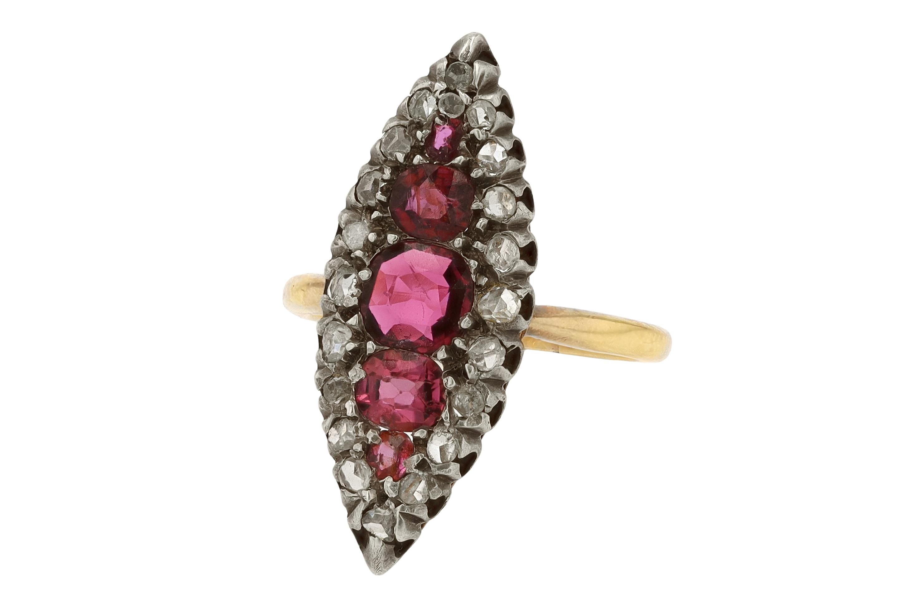 GIA Certified Antique French Victorian Ruby & Diamond Navette Ring In Good Condition In Santa Barbara, CA