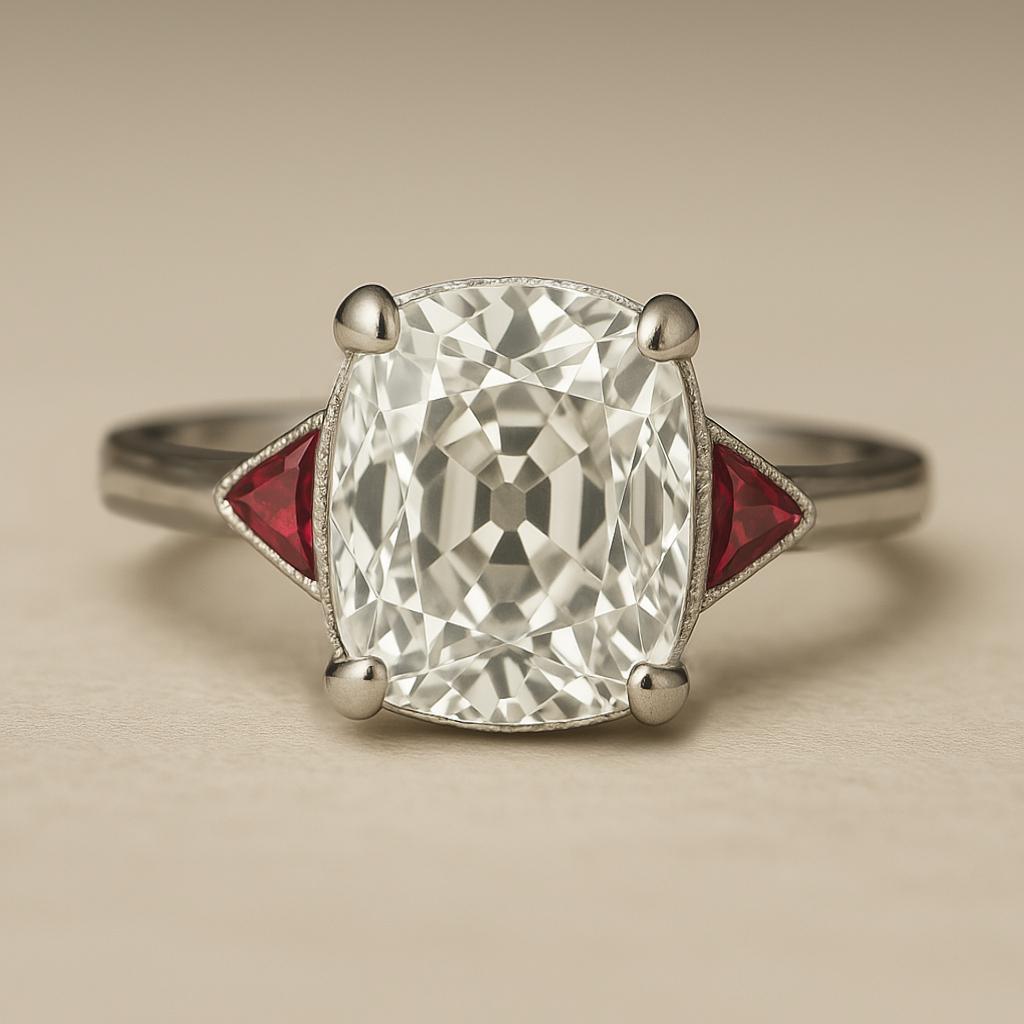 Crafted with unmistakable Art Deco elegance, this exquisite platinum ring centers around a luminous 2  carat Old Mine Brilliant cut diamond, GIA certified F color and SI2 clarity. The diamond's antique faceting glows with a soft, romantic fire,