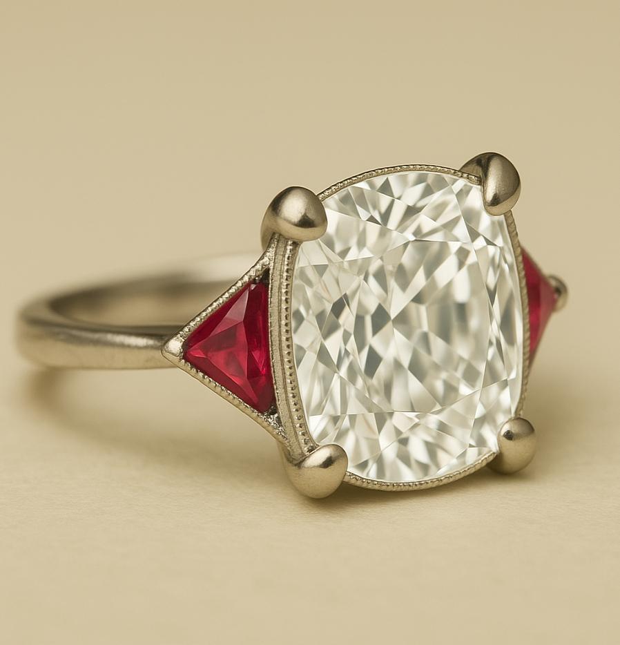 GIA Certified Antique-Inspired Old Mine Cut Diamond Ring with Rubies Art Decó en venta