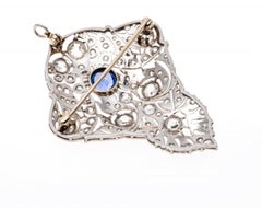 Antique Edwardian Platinum, Diamond and Sapphire Brooch/Pendant, GIA Certified