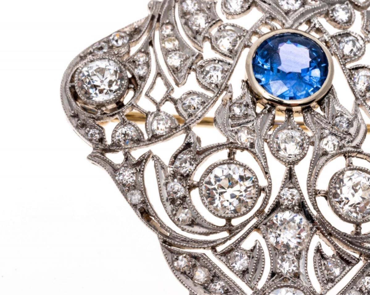 Antique Edwardian Platinum, Diamond and Sapphire Brooch/Pendant, GIA Certified In Good Condition For Sale In Southport, CT