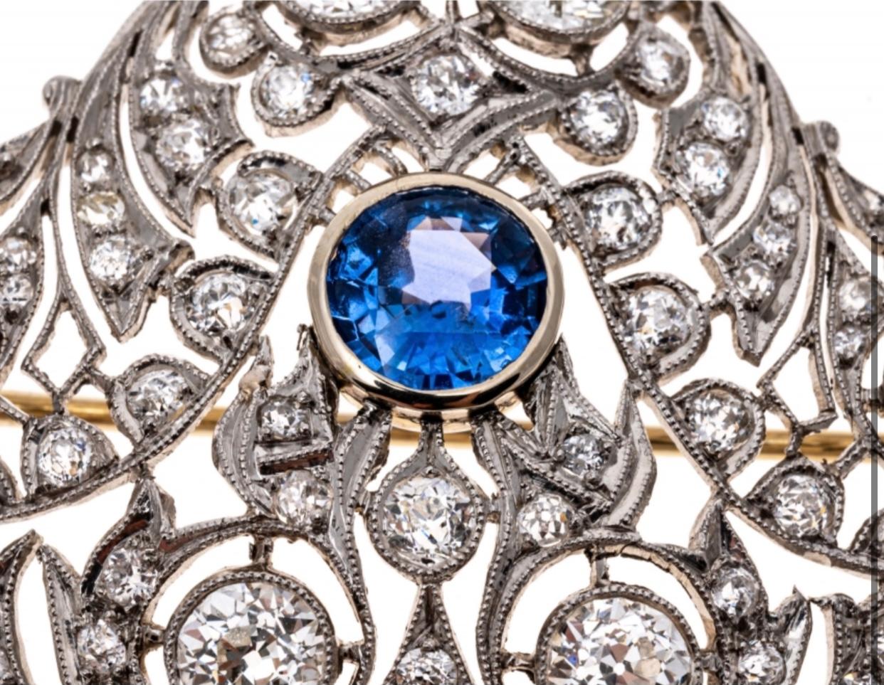 Women's Antique Edwardian Platinum, Diamond and Sapphire Brooch/Pendant, GIA Certified For Sale