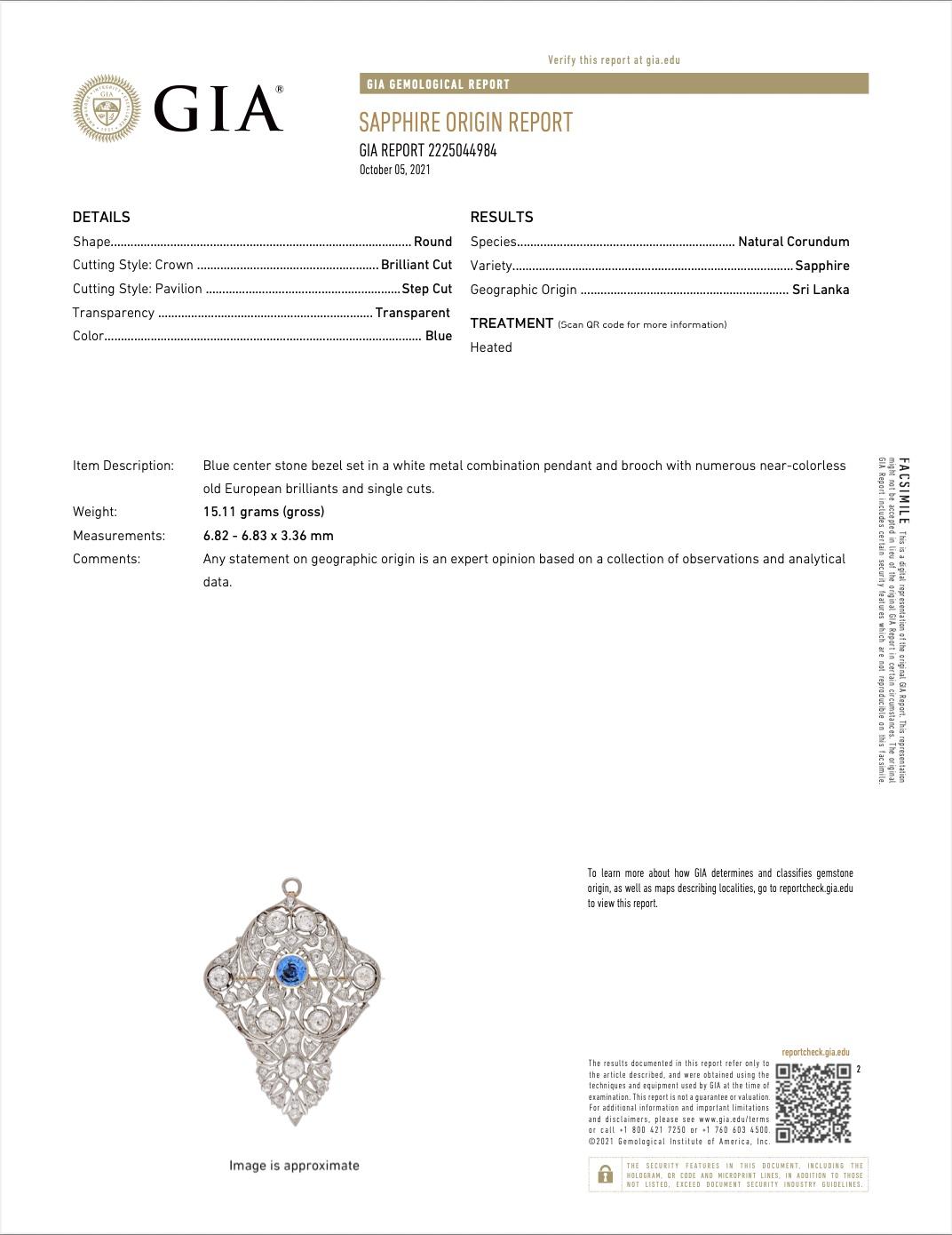 Antike edwardianische Platin-, Diamant- und Saphir-Brosche/Anhänger, GIA zertifiziert im Angebot 1