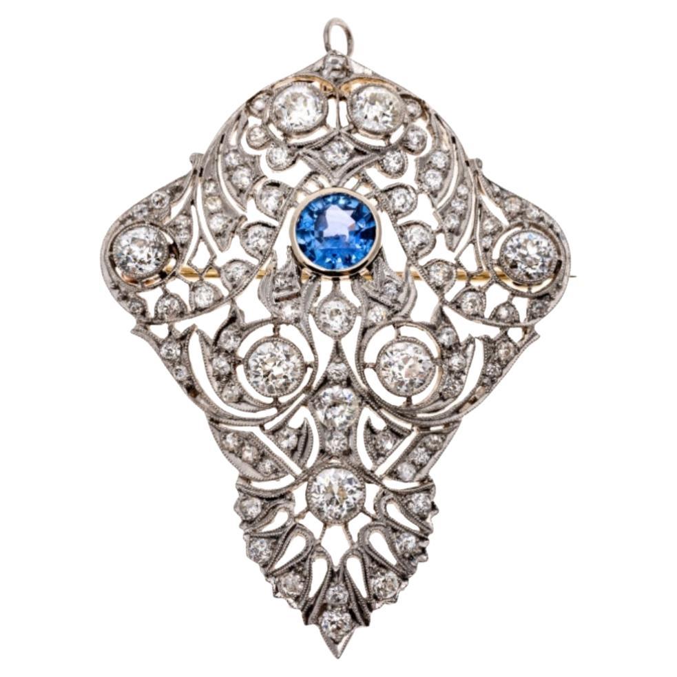 Antique Edwardian Platinum, Diamond and Sapphire Brooch/Pendant, GIA Certified For Sale