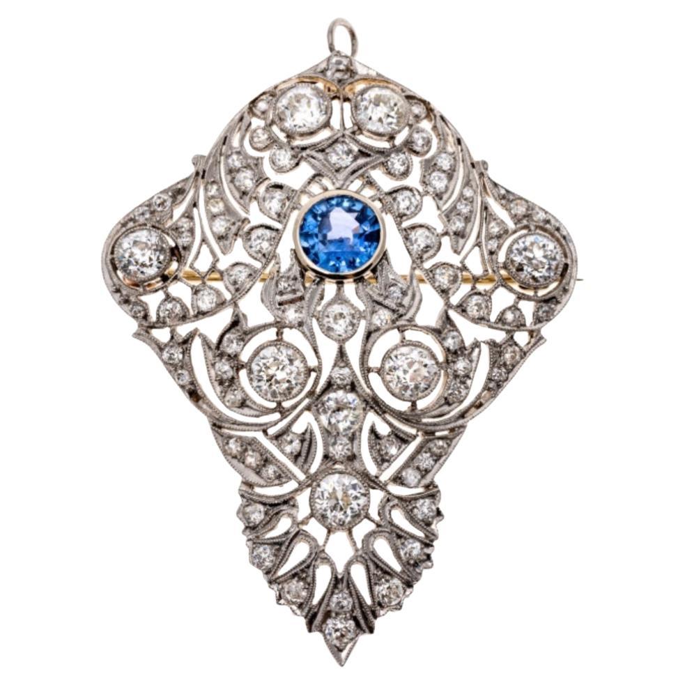 Antike edwardianische Platin-, Diamant- und Saphir-Brosche/Anhänger, GIA zertifiziert im Angebot