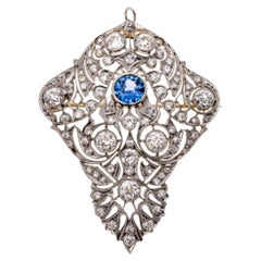 Antique Edwardian Platinum, Diamond and Sapphire Brooch/Pendant, GIA Certified