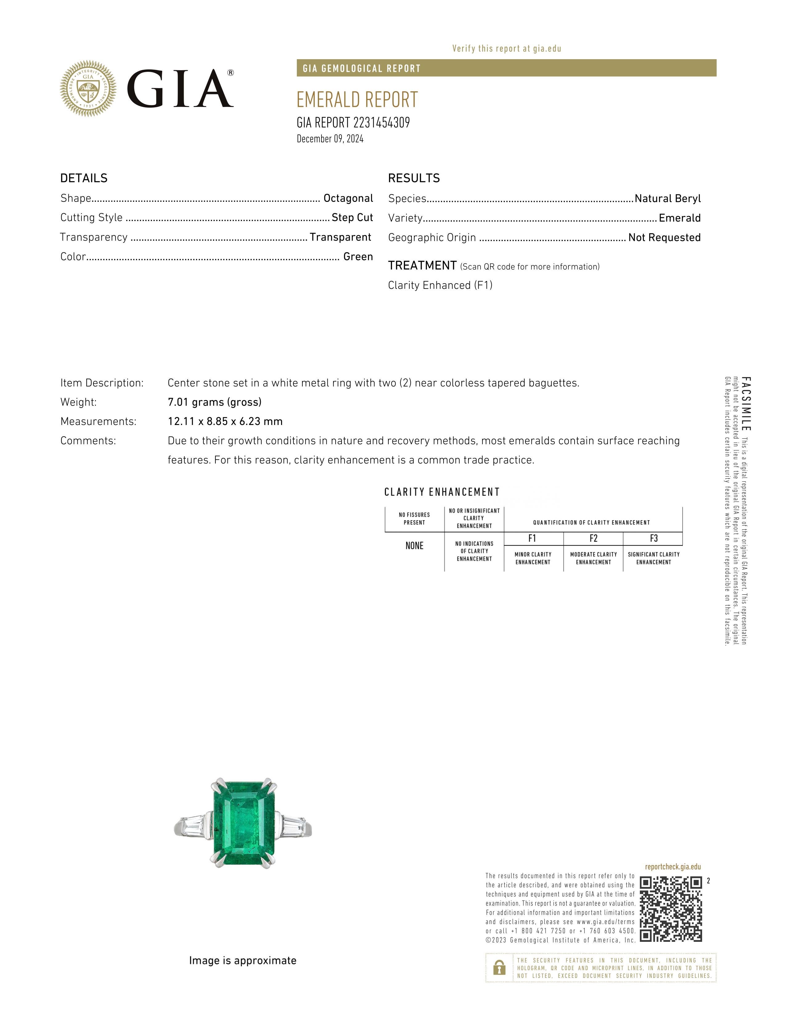 Anillo de platino con esmeralda y diamante de 5 quilates aproximadamente, certificado por el GIA en Nuevo estado para la venta en Chicago, IL