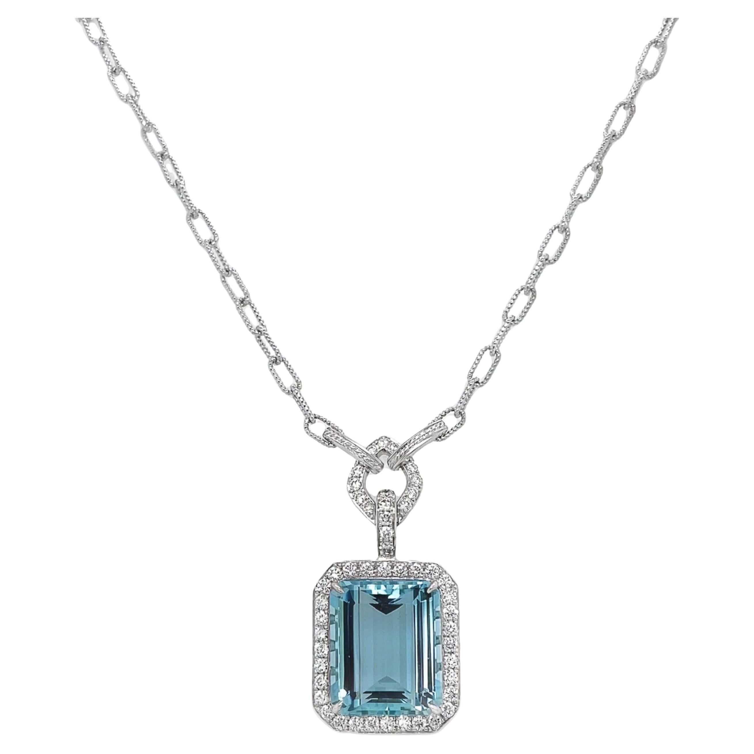 GIA Certified Aquamarine & Diamond Necklace in White Gold For Sale