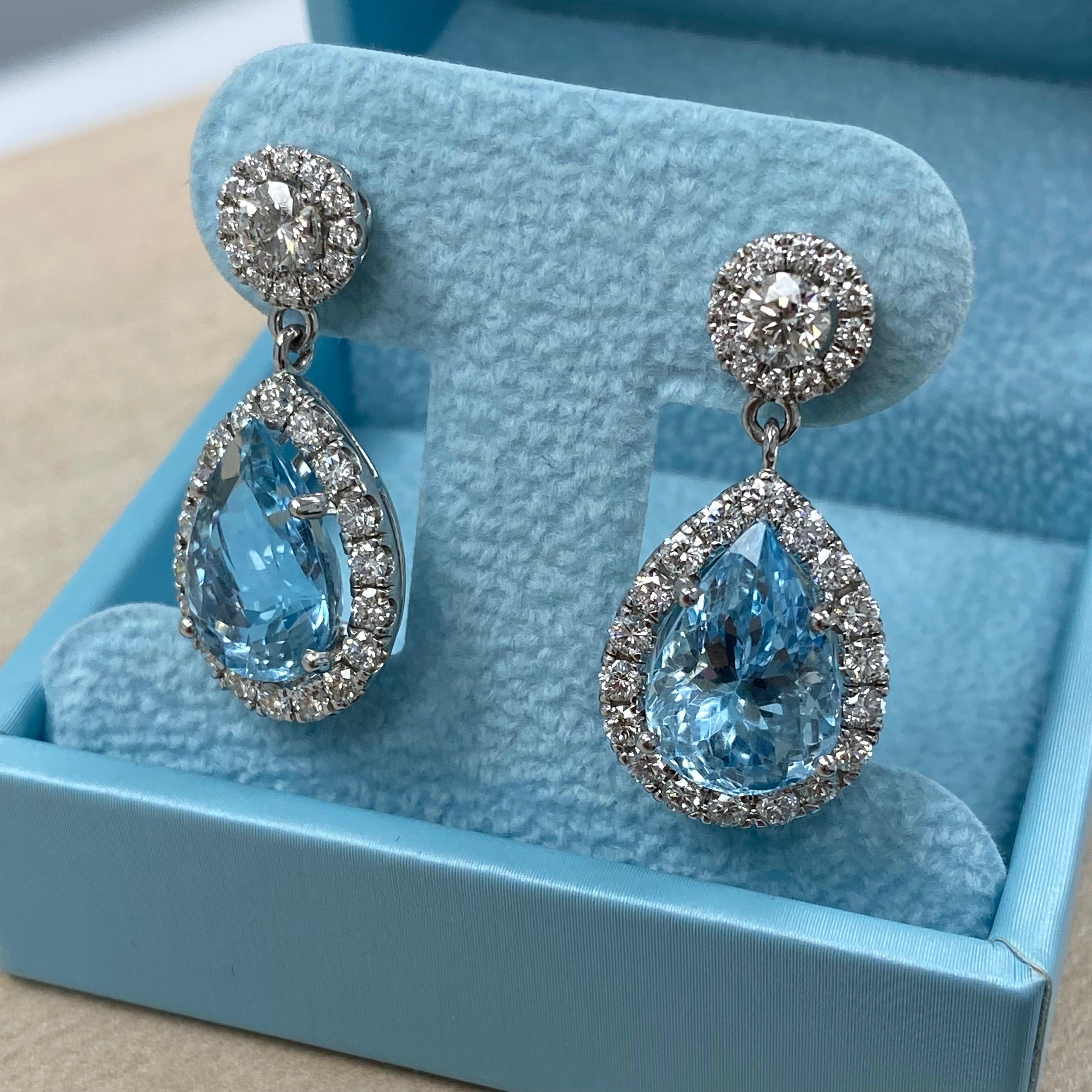 Modern GIA Certified Aquamarine Diamond Teardrop Earrings 14K White Gold 12.05ctw