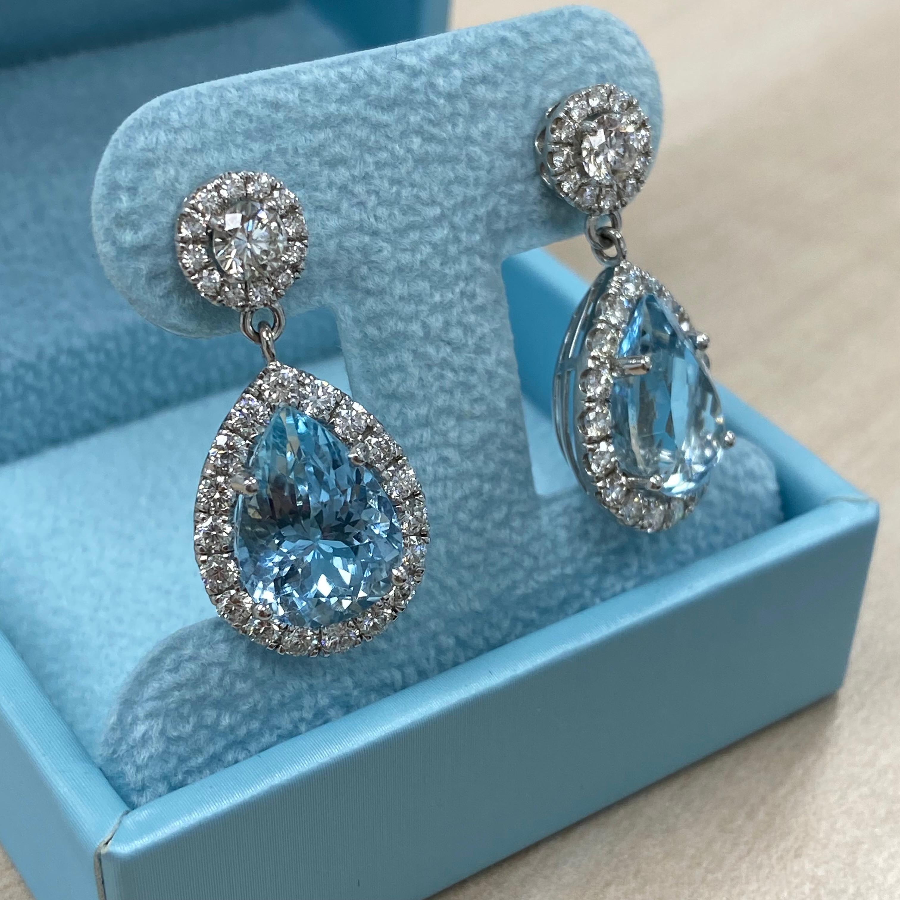 Pear Cut GIA Certified Aquamarine Diamond Teardrop Earrings 14K White Gold 12.05ctw